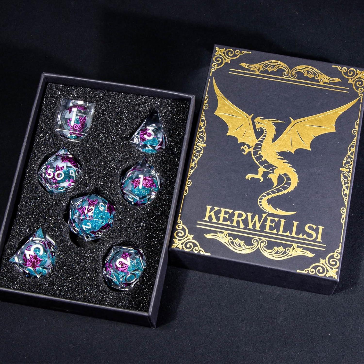 Juego de Dados DND KERWELLSI Gato Azul y Púrpura 7 Piezas