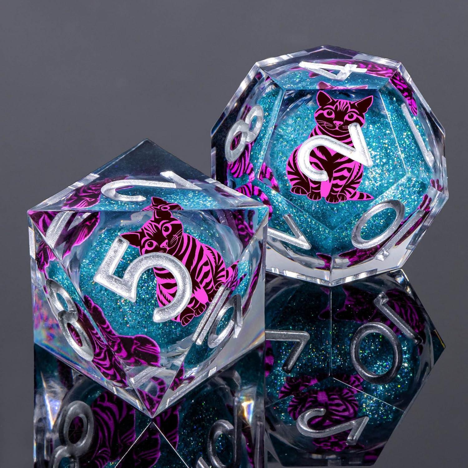 Juego de Dados DND KERWELLSI Gato Azul y Púrpura 7 Piezas