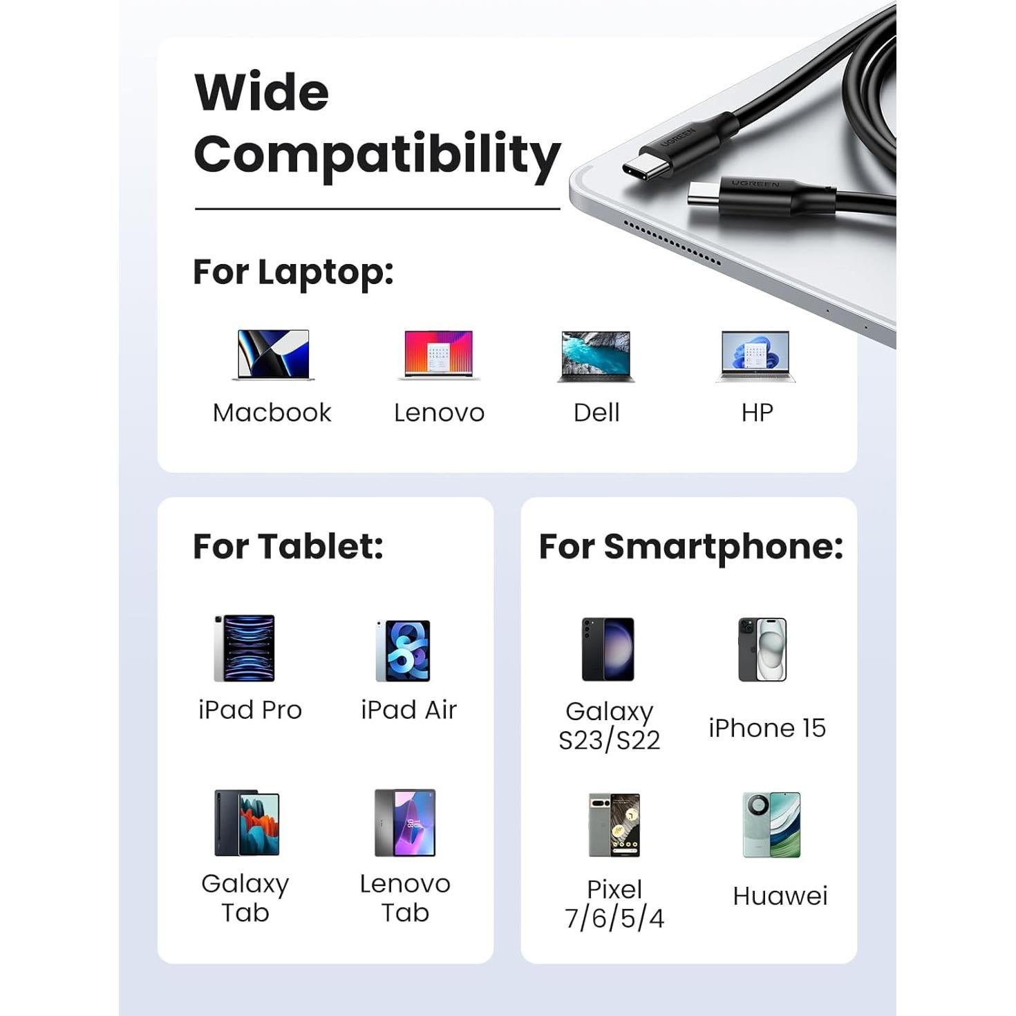 Cable USB C UGREEN 100W 2m Carga Rápida Compatible iPhone y MacBook