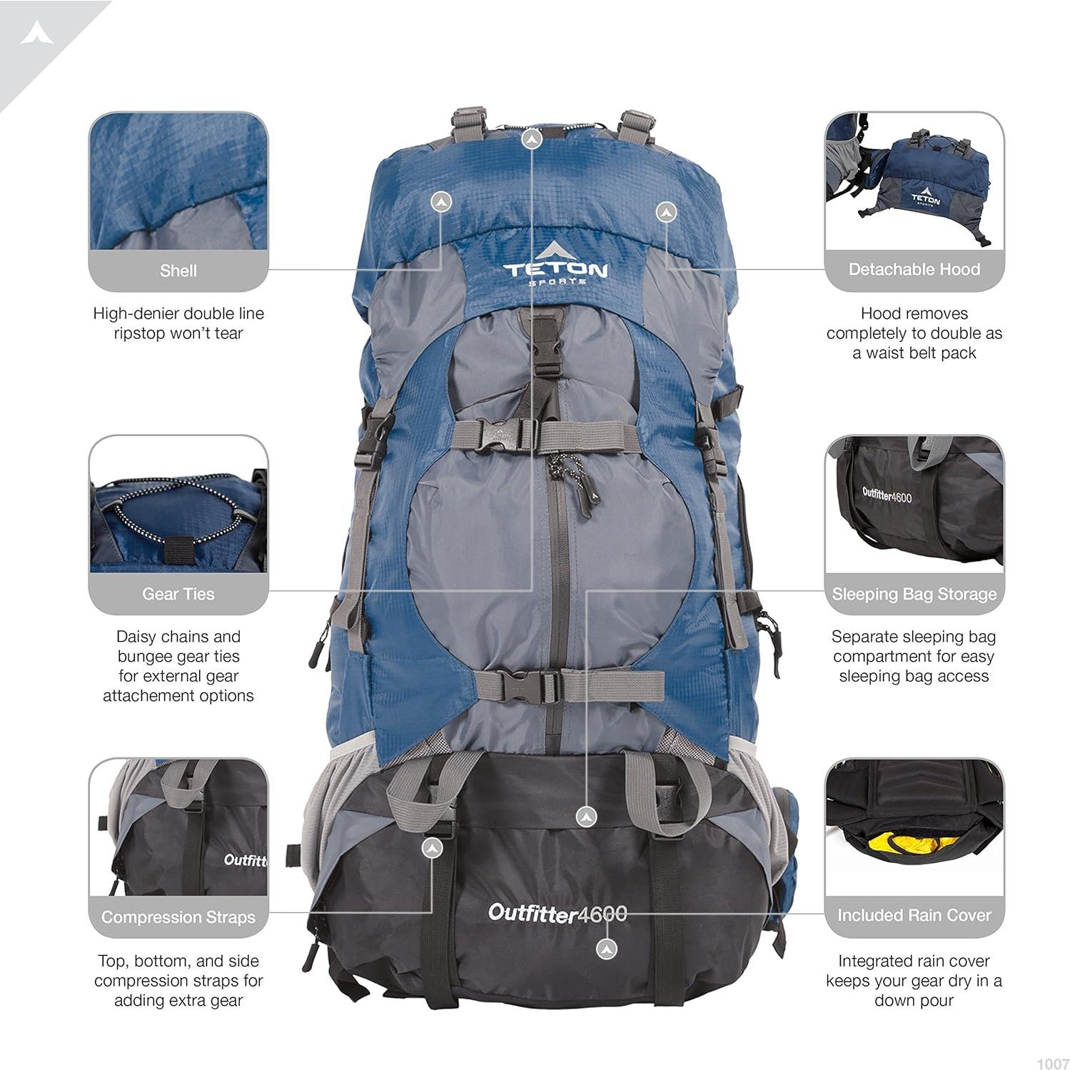 Teton Outfitter 4600 Ultralight Internal Frame High-Performance Backpack for Hiking, Camping, Travel, and Outdoor Activities; 75L, Blue