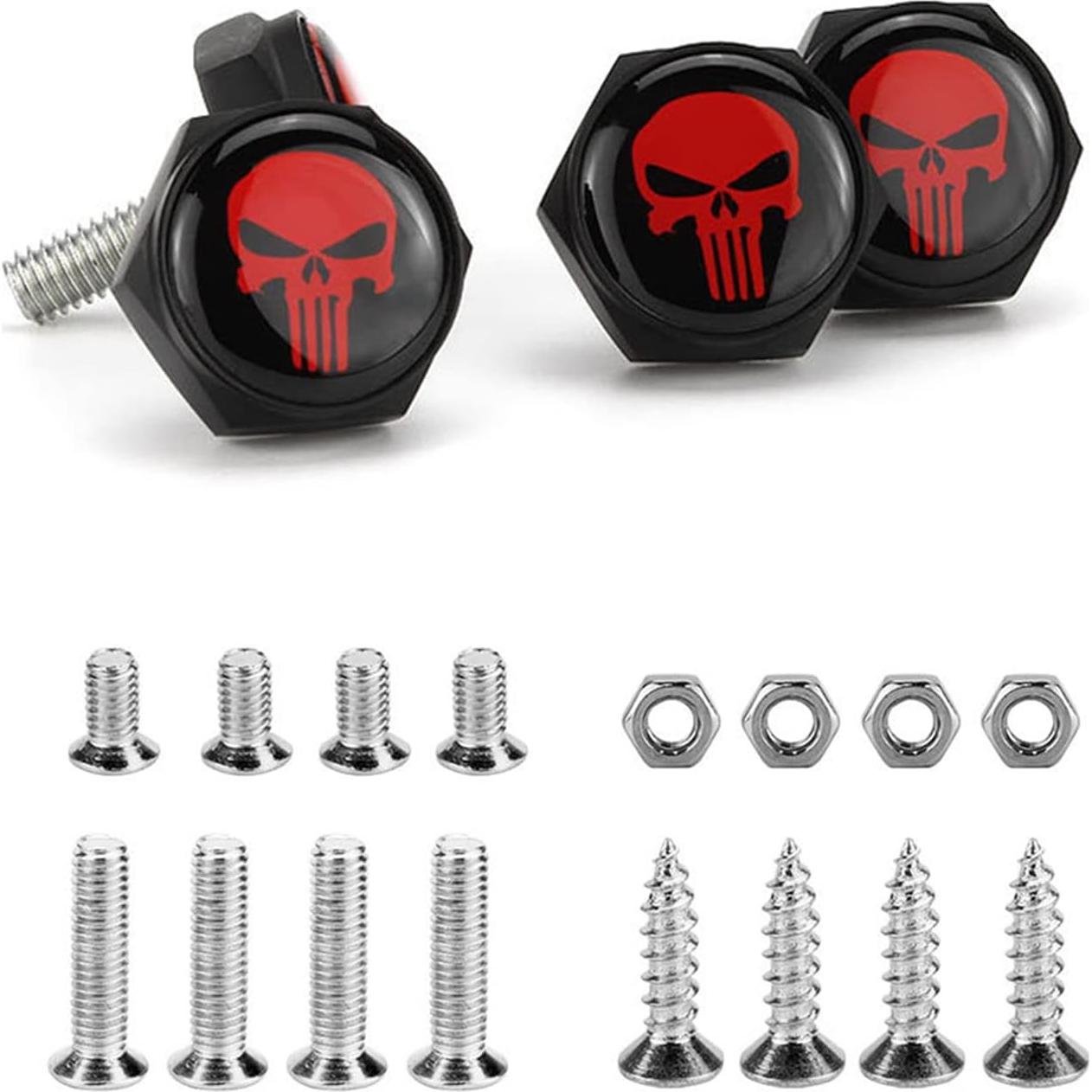 Kit de Sujetadores de Tornillos para Placas de Matrícula Gseigvee 4 PCS Calavera Roja