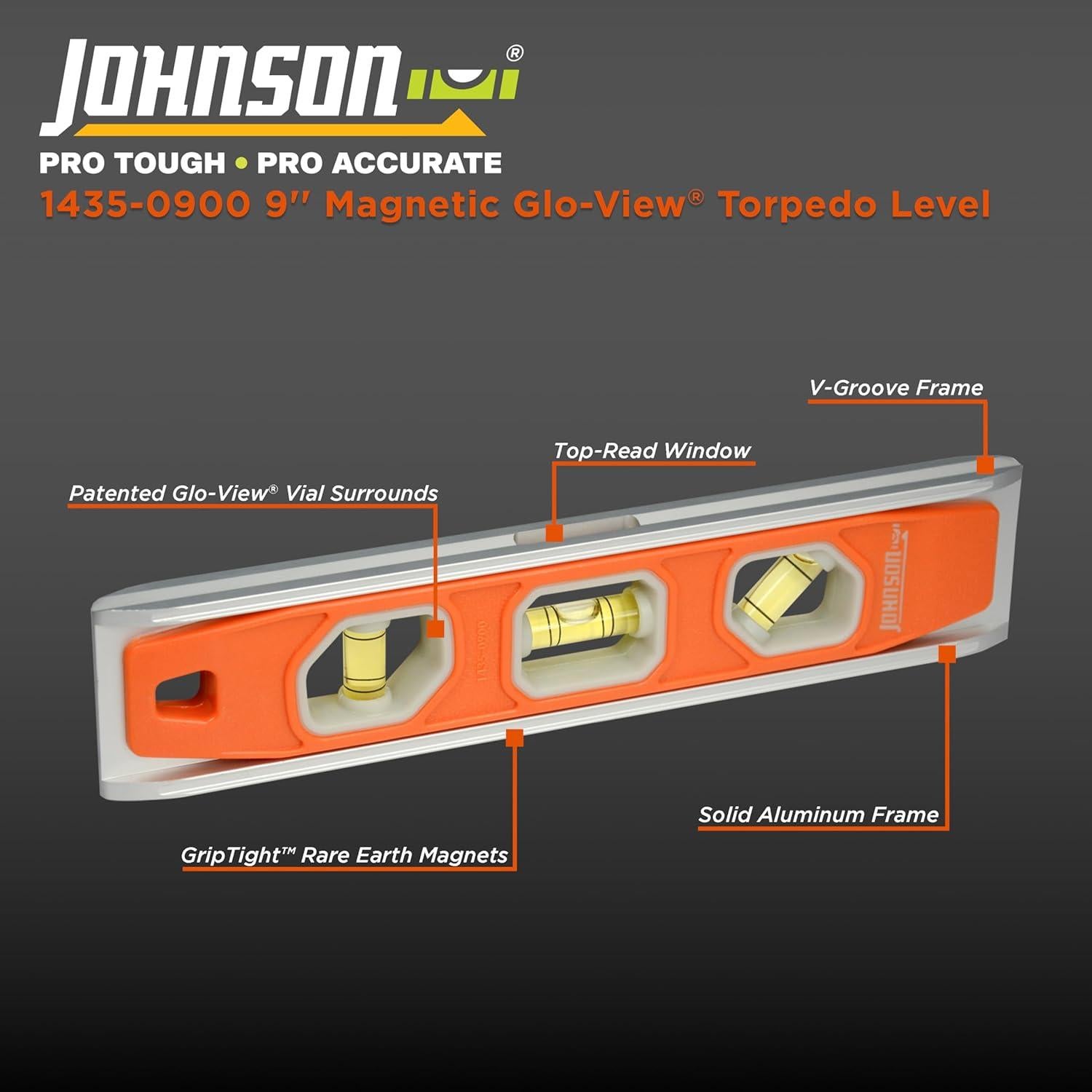 Nivel Torpedo Magnético Johnson 1435-0900, 23 cm, Aluminio Naranja