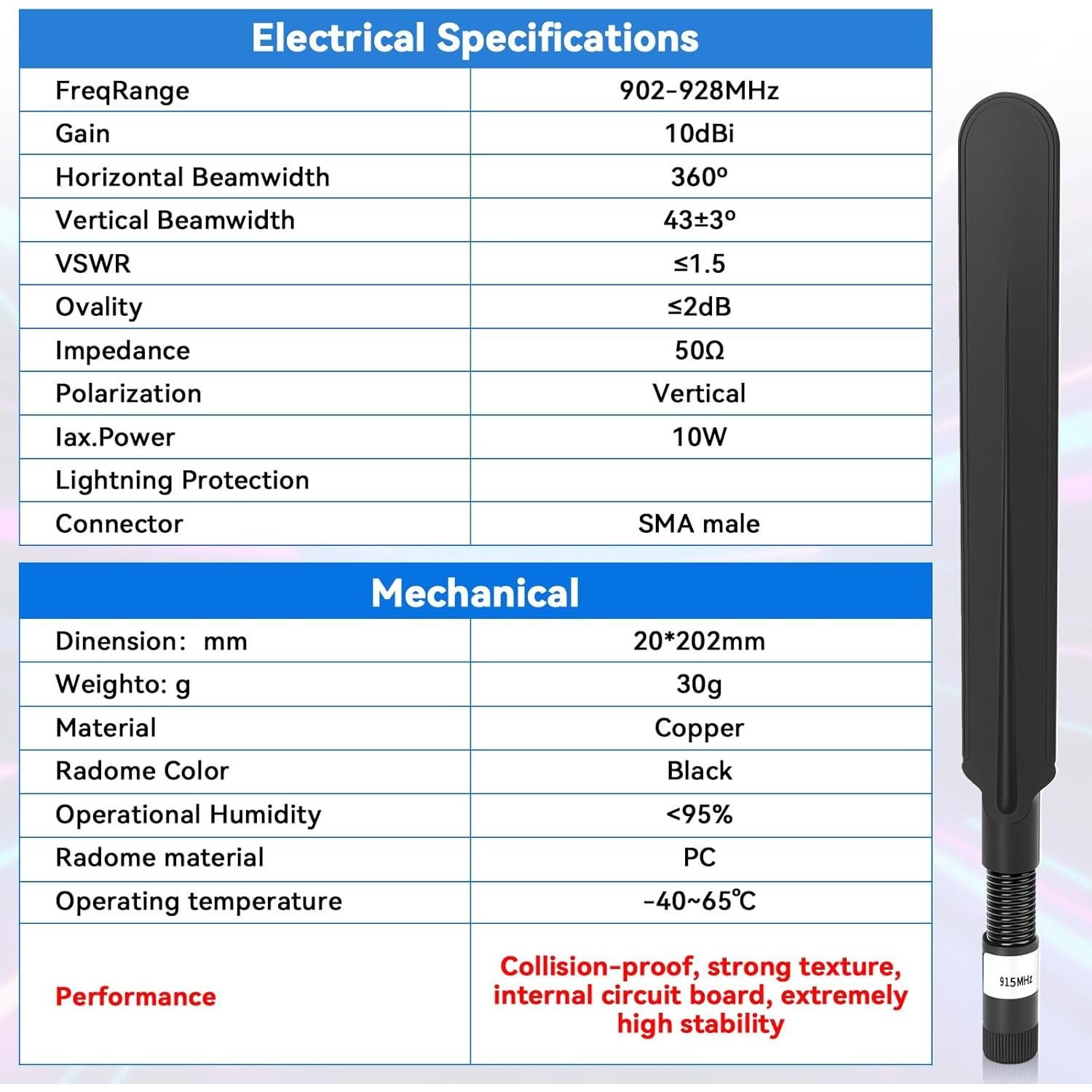 Antena LoRa Meshtastic 915MHz 10dBi 20cm SMA Macho Negra
