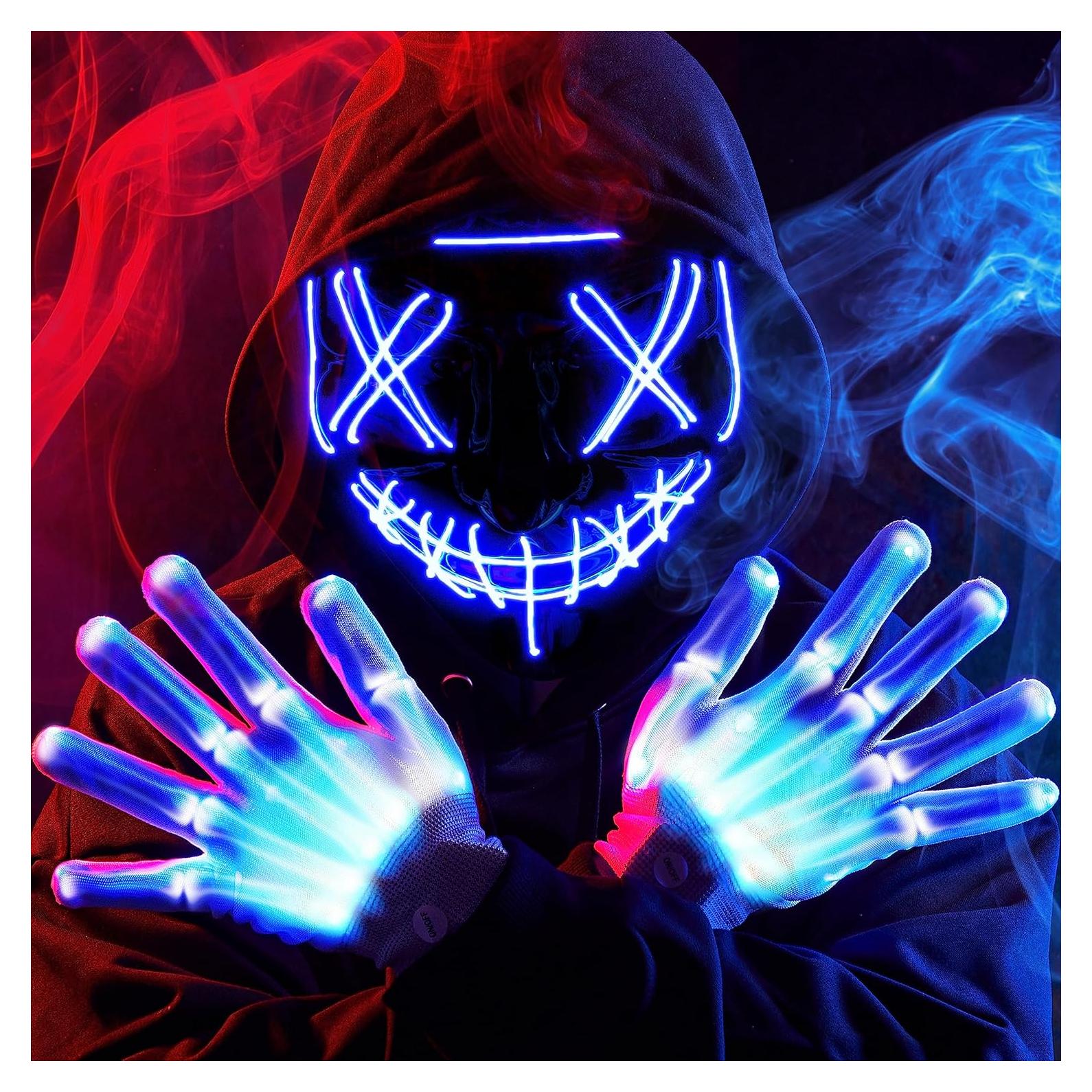 JOYIN Halloween Led Mask, Light Up Mask and Gloves for Cosplay Costume (Blue), 3 Modes Scary Glow in The Dark Masks for Boys Girls Halloween Party Dress Up Accessories, Gifts Giving