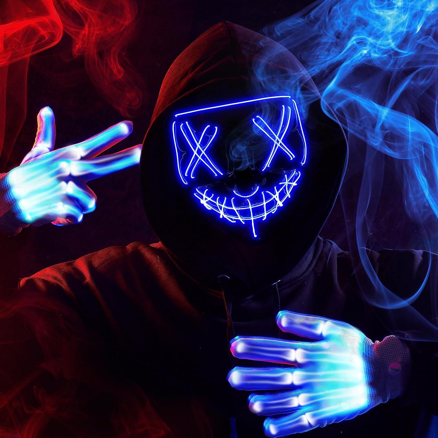 JOYIN Halloween Led Mask, Light Up Mask and Gloves for Cosplay Costume (Blue), 3 Modes Scary Glow in The Dark Masks for Boys Girls Halloween Party Dress Up Accessories, Gifts Giving