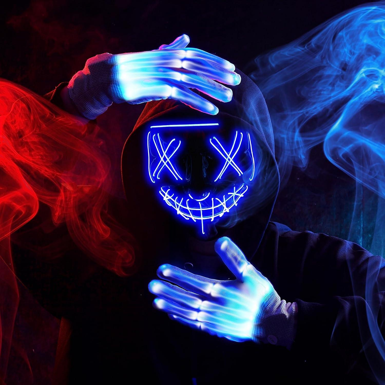 JOYIN Halloween Led Mask, Light Up Mask and Gloves for Cosplay Costume (Blue), 3 Modes Scary Glow in The Dark Masks for Boys Girls Halloween Party Dress Up Accessories, Gifts Giving