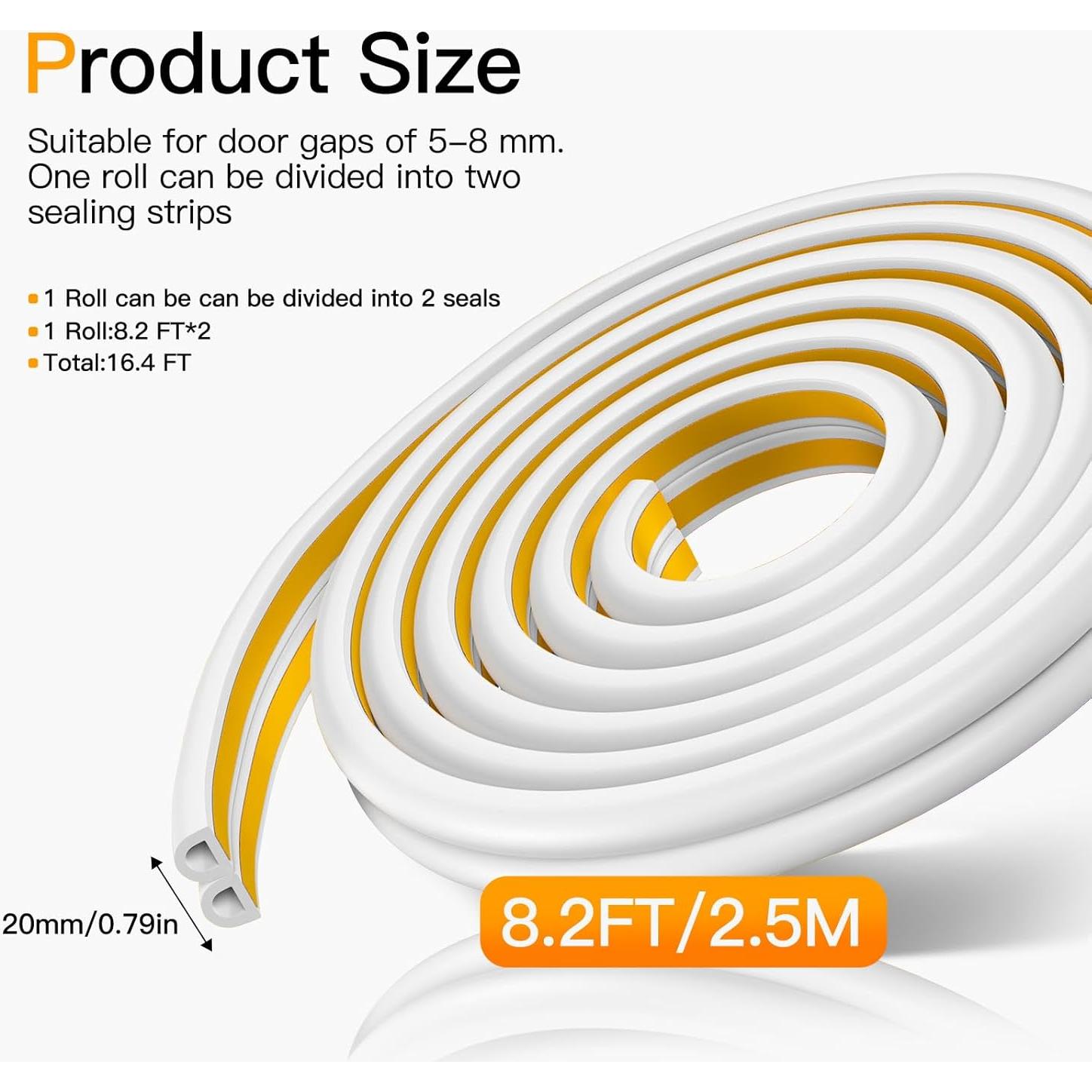 Wood Foam Door & Window Seal Strip – High Elasticity, Strong Adhesion Rubber Insulation Tape – Windproof & Soundproof Weather Stripping (White, 2 volumes8.2FT/2.5meters)