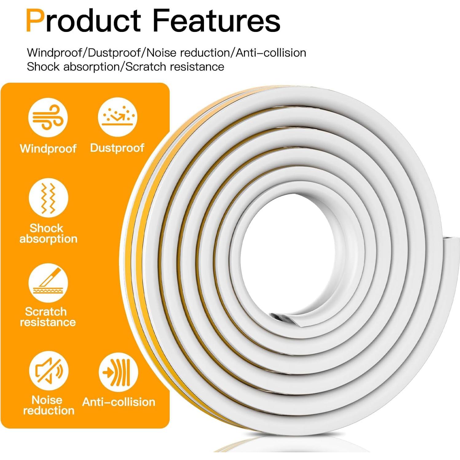 Wood Foam Door & Window Seal Strip – High Elasticity, Strong Adhesion Rubber Insulation Tape – Windproof & Soundproof Weather Stripping (White, 2 volumes8.2FT/2.5meters)