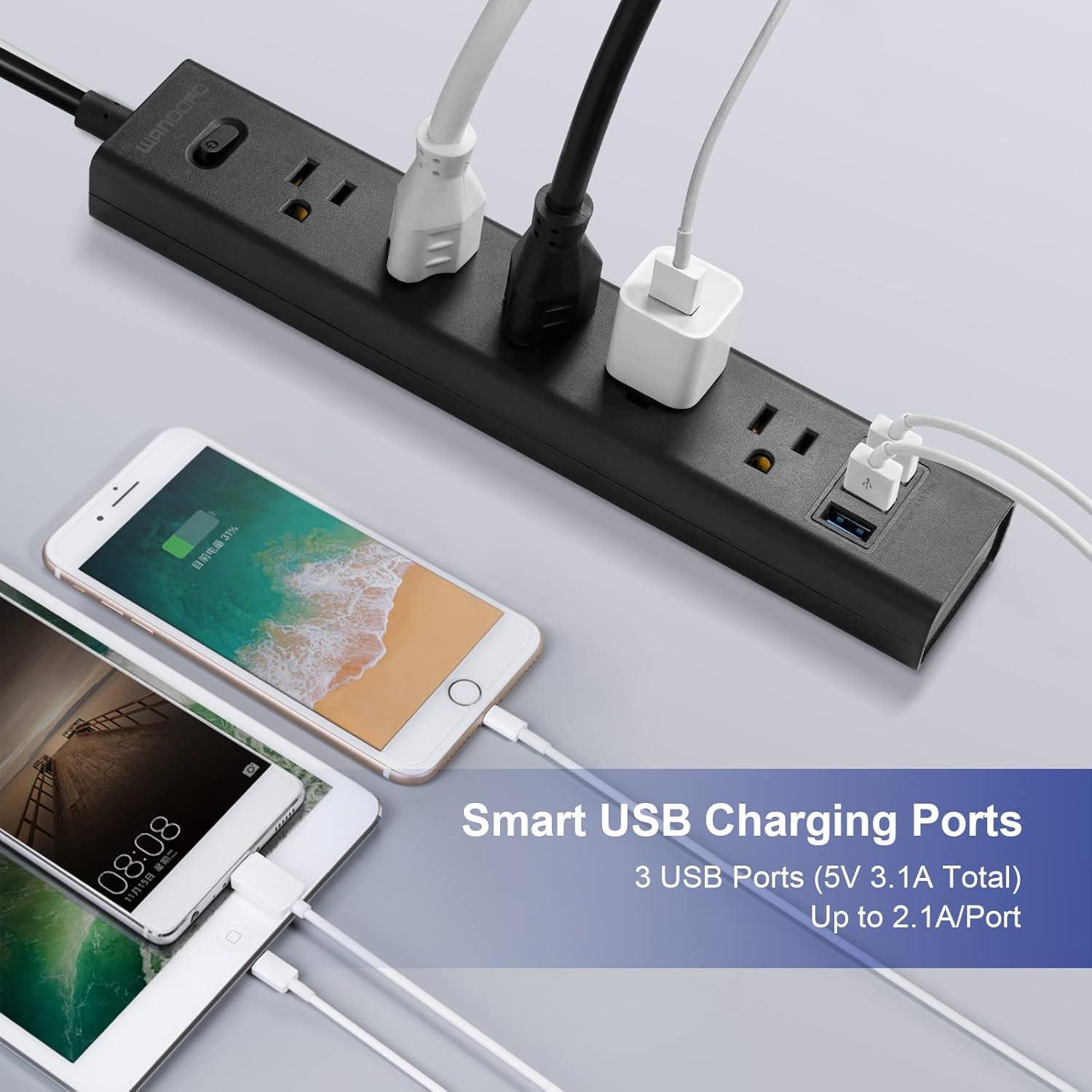 Regleta de 2 Clavijas WANDOFO con 5 Salidas y 3 USB 1.52m