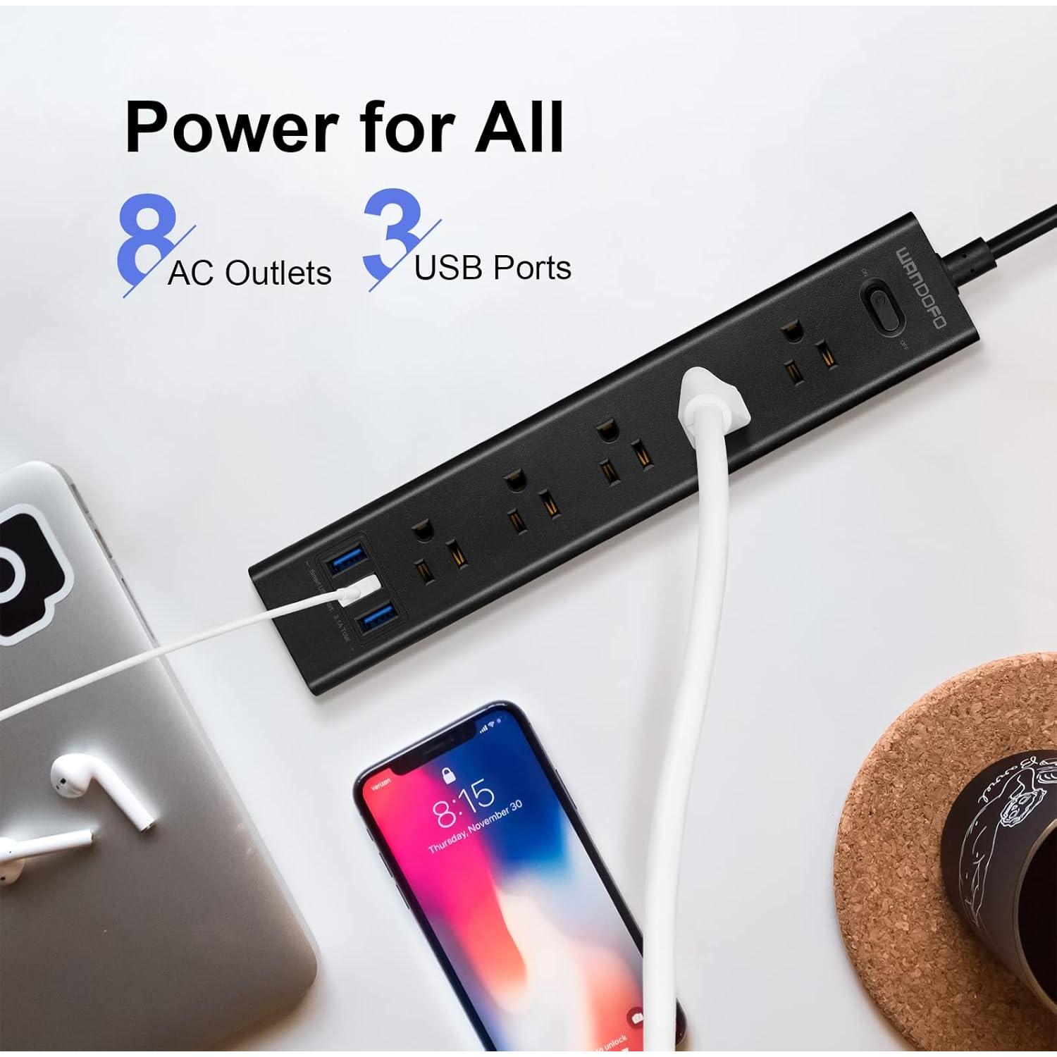 Regleta de 2 Clavijas WANDOFO con 5 Salidas y 3 USB 1.52m