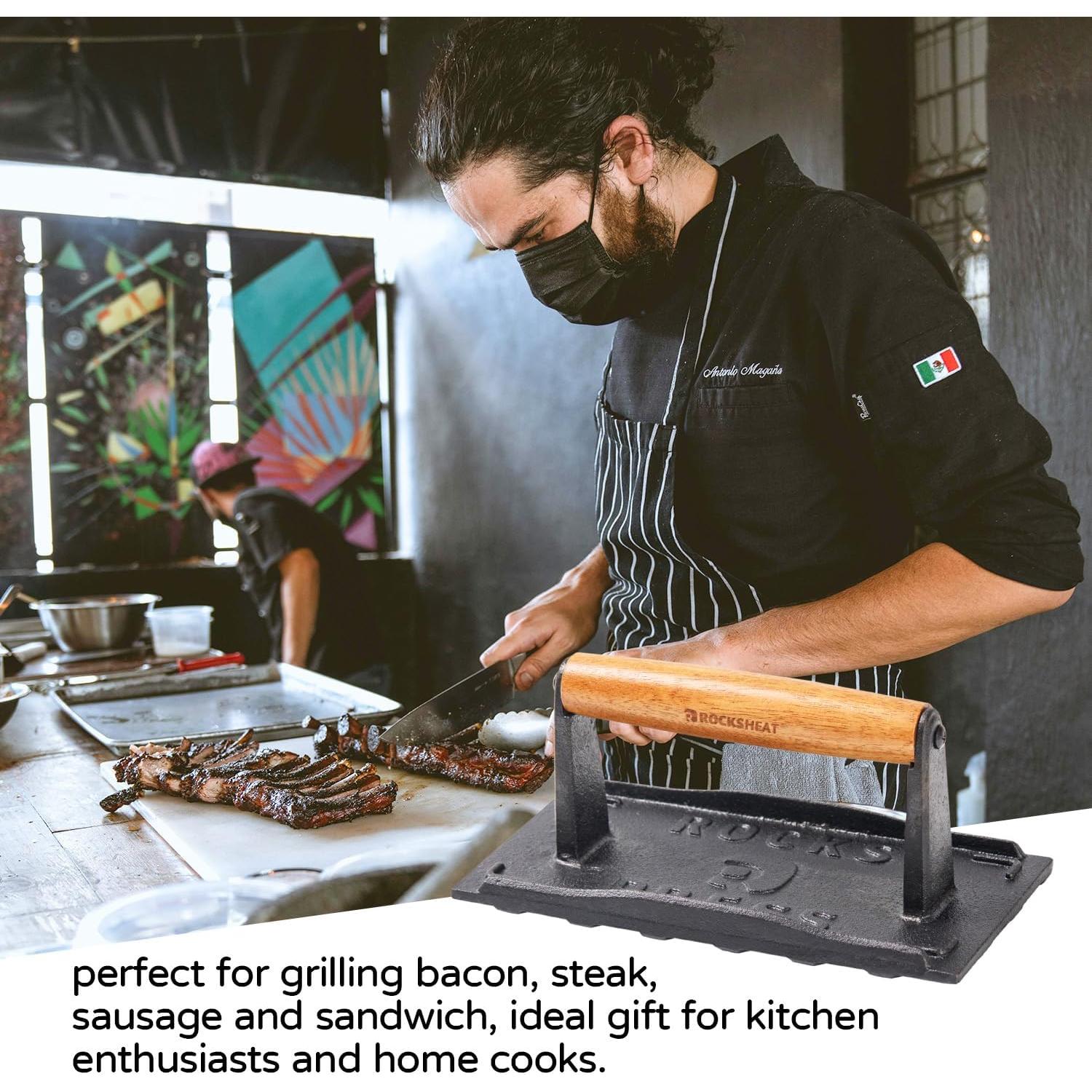 Prensa de Hamburguesas Cuadrada Hierro Fundido 20x10 cm con Mango Madera