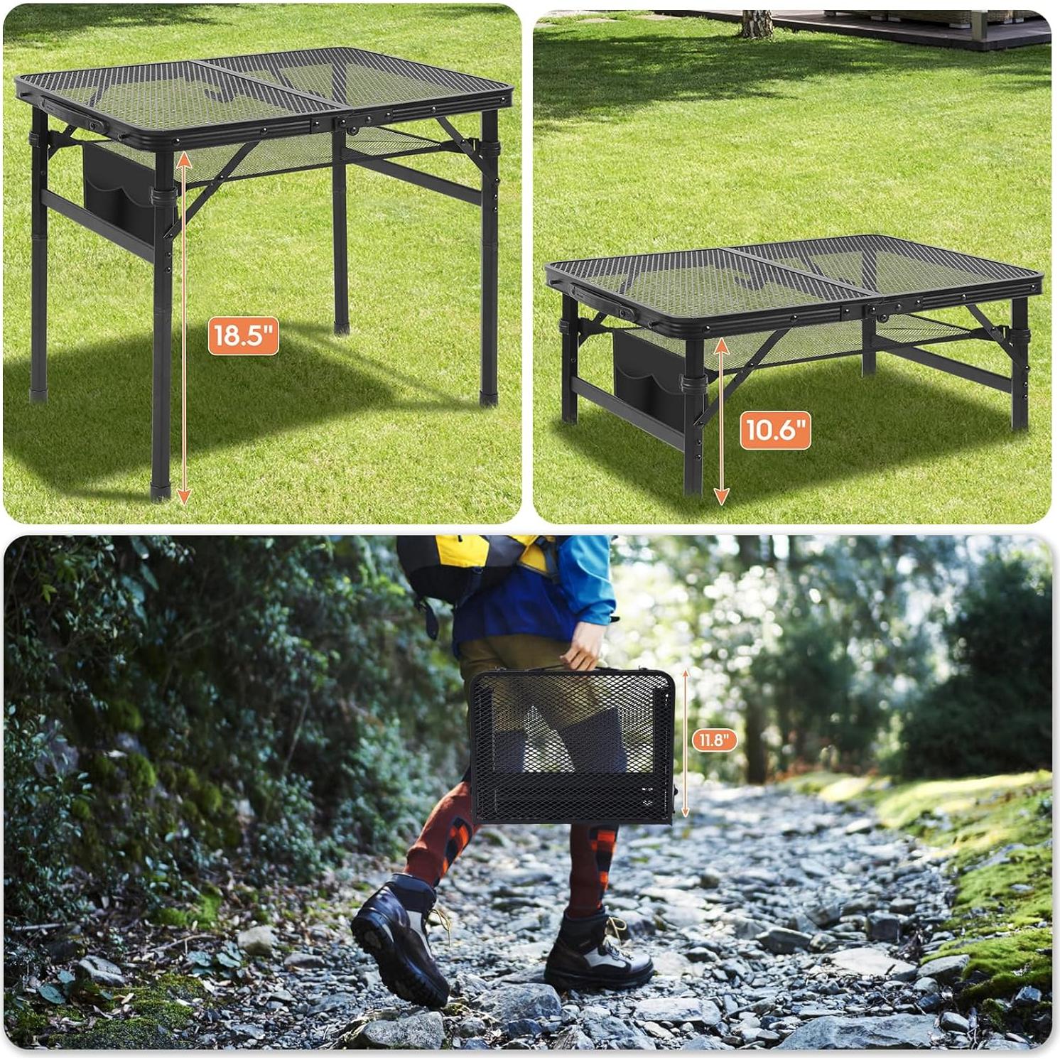 Camping Portable Folding Grill 2x1.3 FT Table, Lightweight Height Adjustable Metal Picnic Outdoor Table with Mesh Desktop and Mesh Bag, Picnic, Beach and BBQ, Party