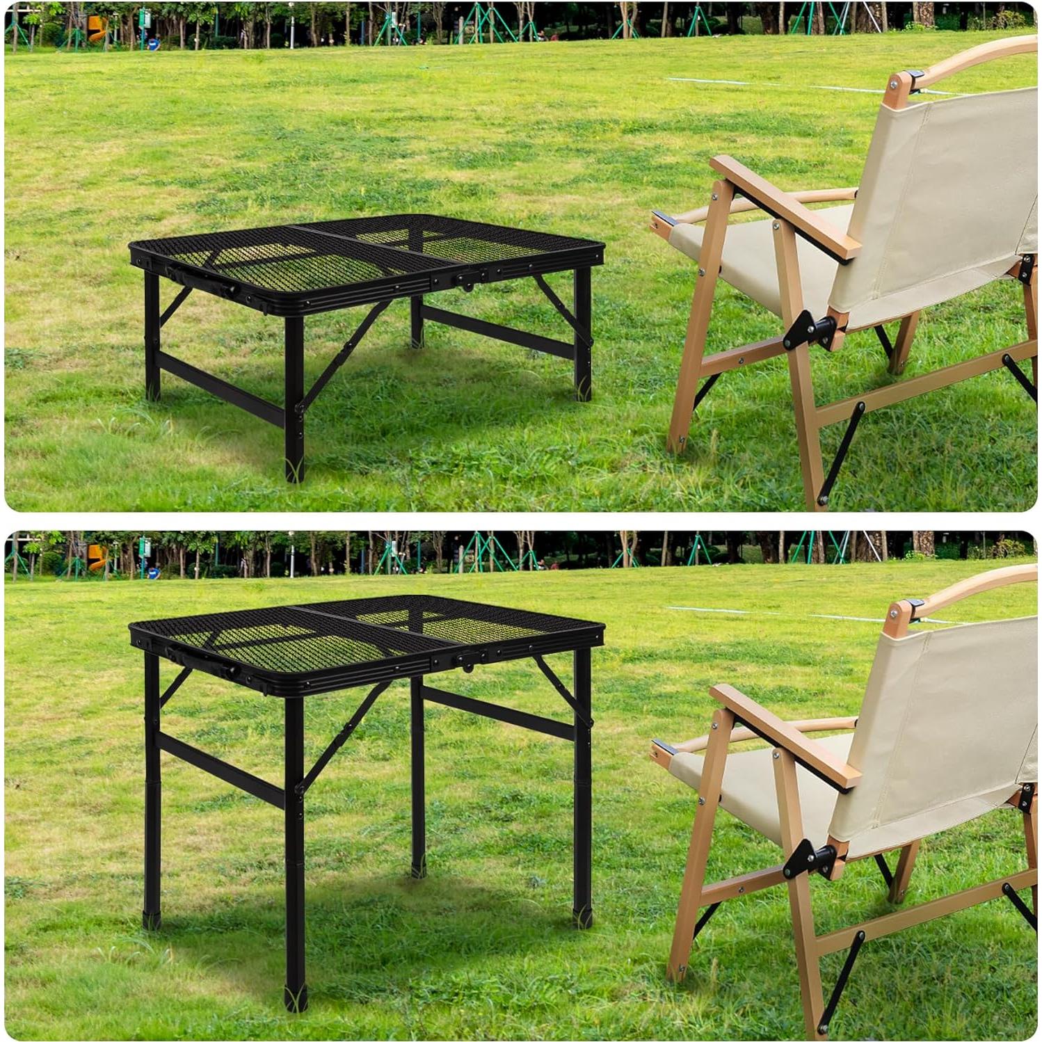Folding Grill Table Camping Table with Mesh Desktop, Lightweight & Portable Outdoor Picnic Table, Height Adjustable Portable for Outside Inside Use