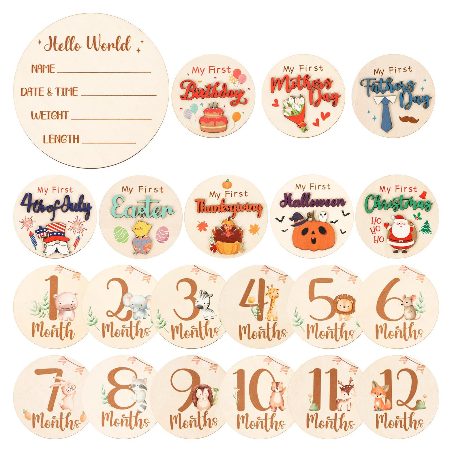 Carteles de Hitos Mensuales para Bebés 11PCS Madera Animales