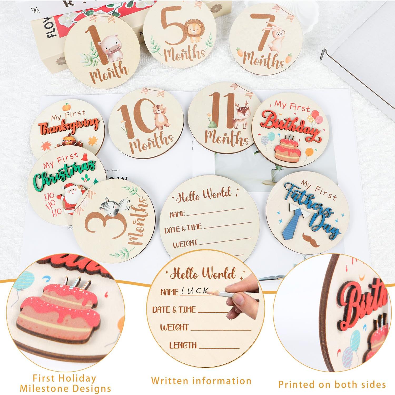 Carteles de Hitos Mensuales para Bebés 11PCS Madera Animales