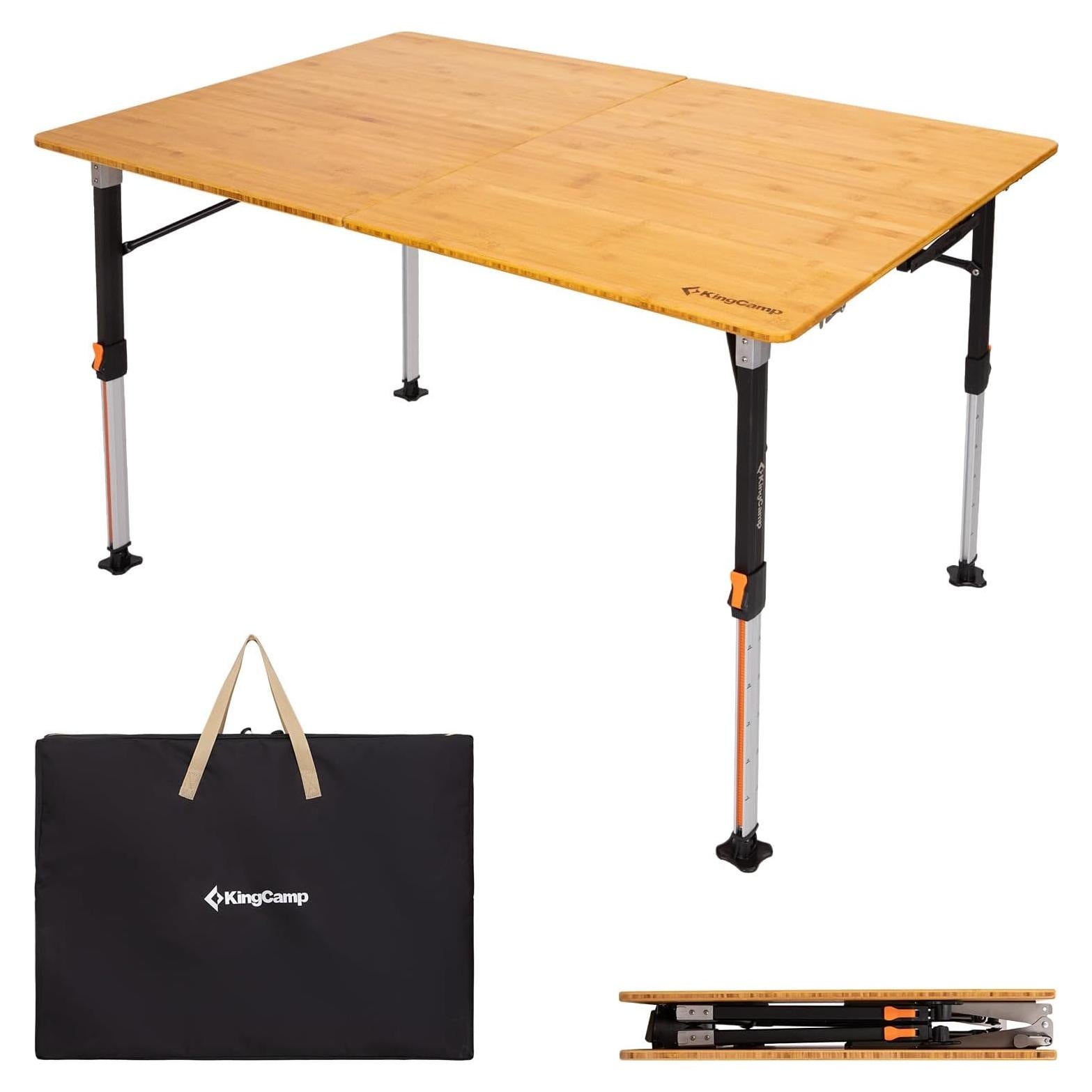Mesa Plegable KingCamp de Bambú XL, Altura Ajustable