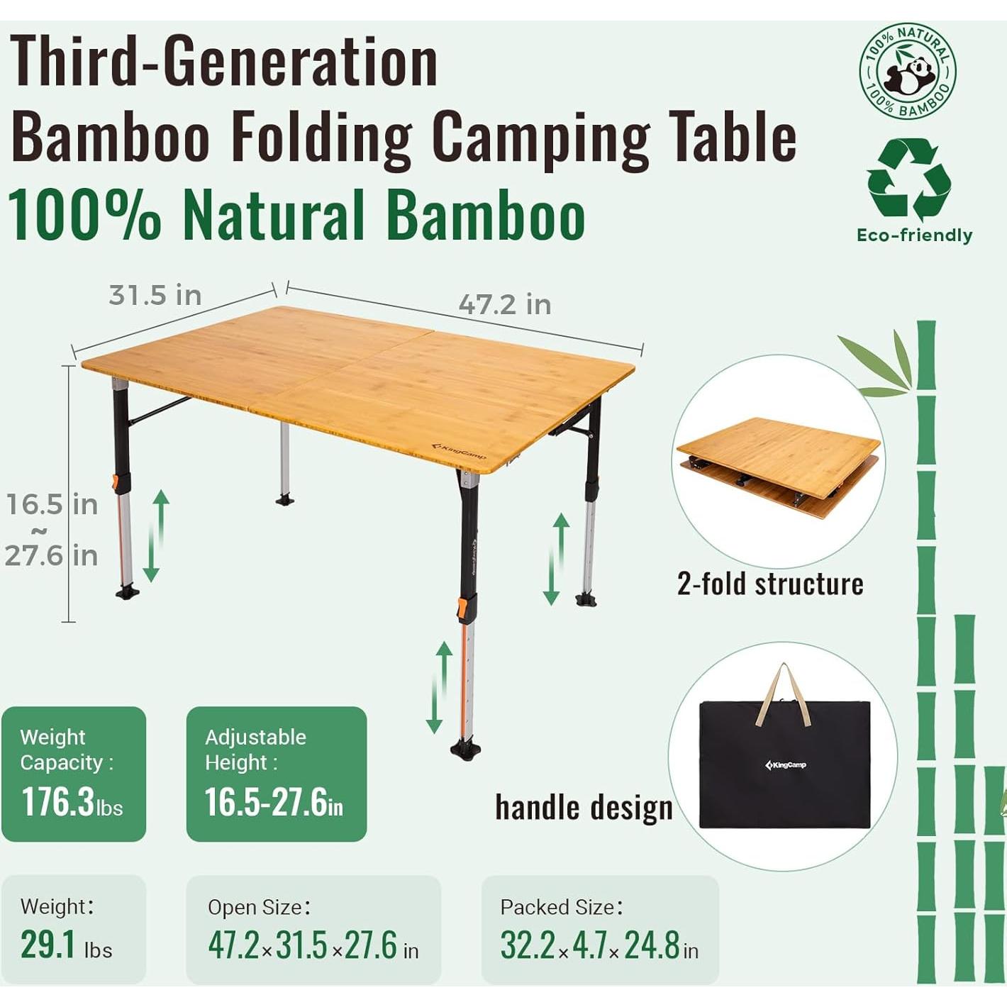 Mesa Plegable KingCamp de Bambú XL, Altura Ajustable