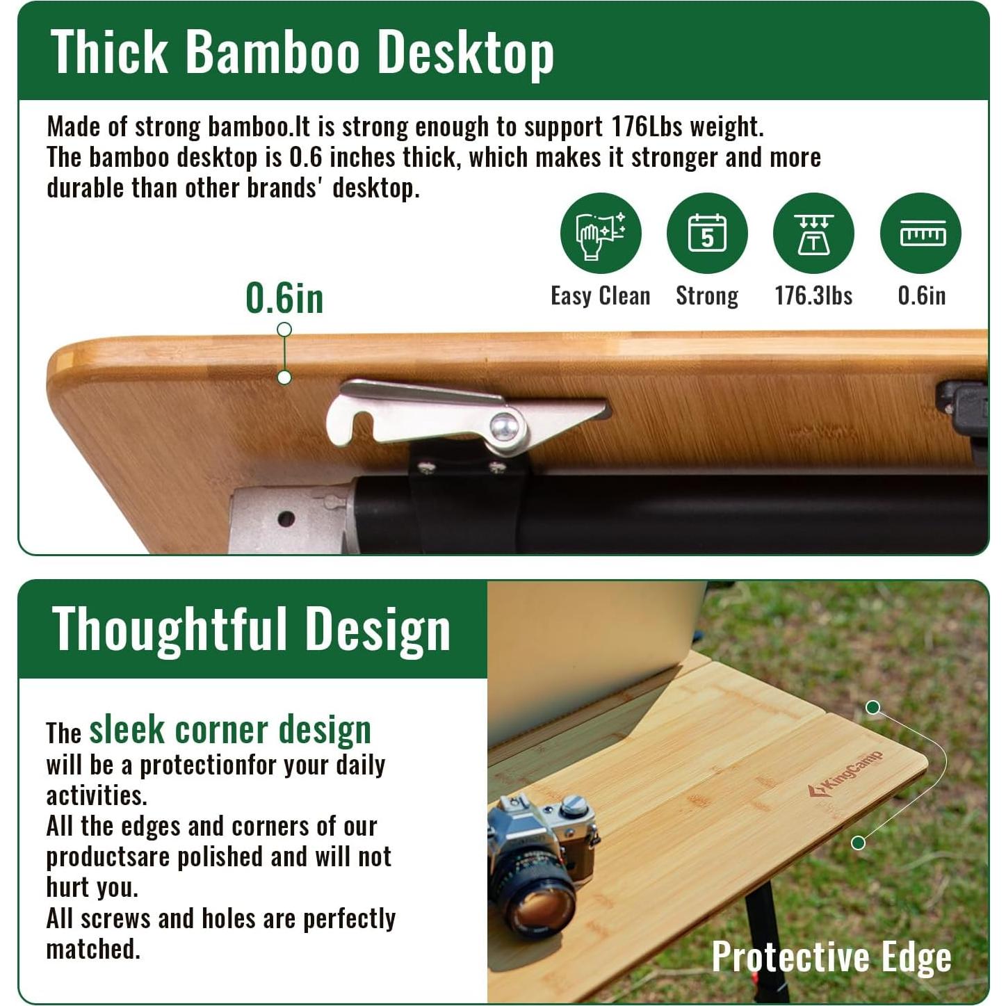 Mesa Plegable KingCamp de Bambú XL, Altura Ajustable