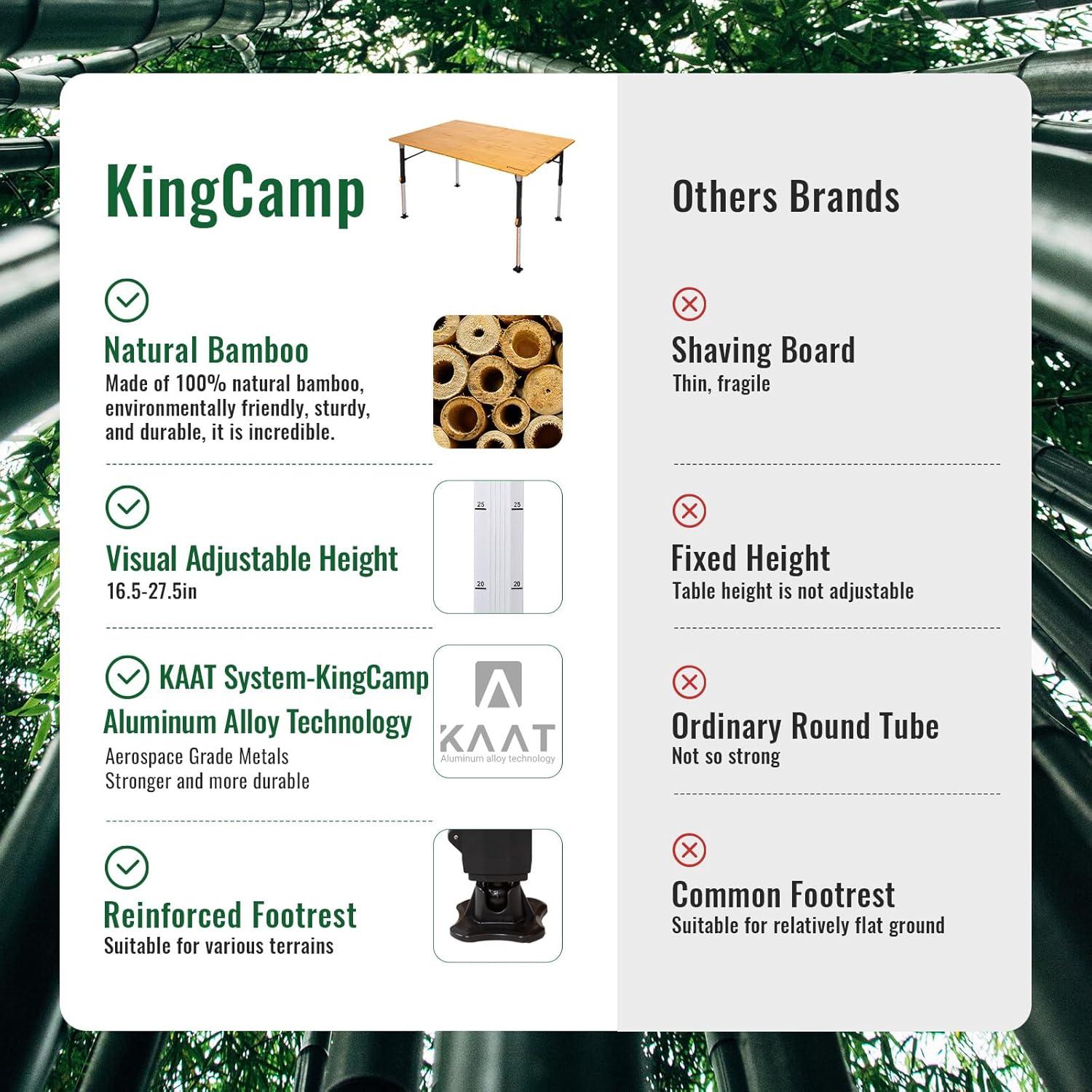 Mesa Plegable KingCamp de Bambú XL, Altura Ajustable