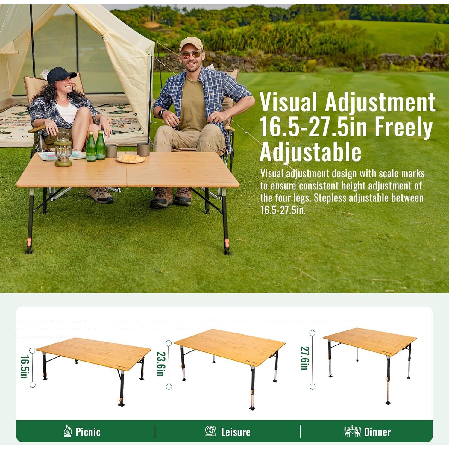 Mesa Plegable KingCamp de Bambú XL, Altura Ajustable