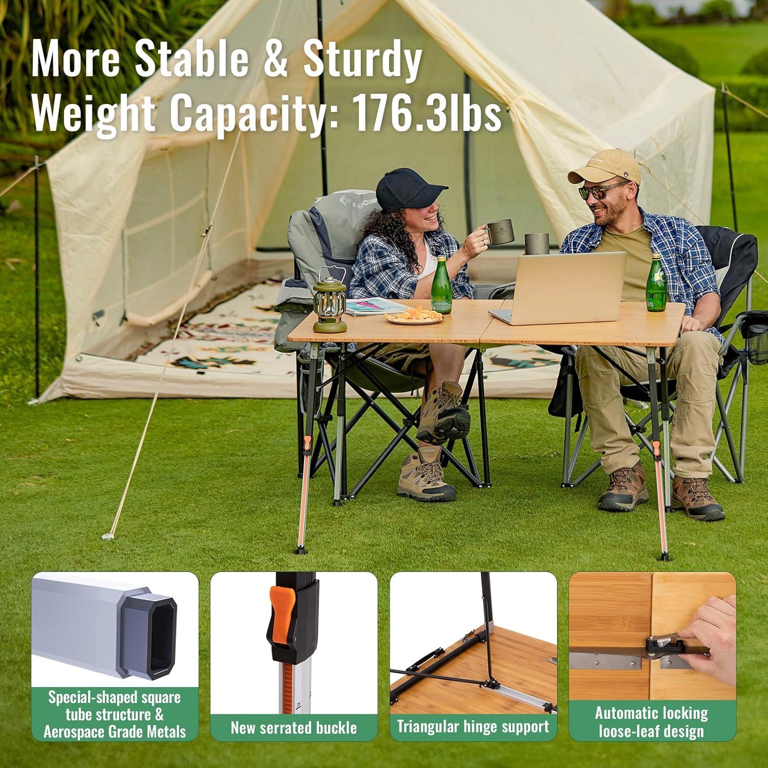 Mesa Plegable KingCamp de Bambú XL, Altura Ajustable