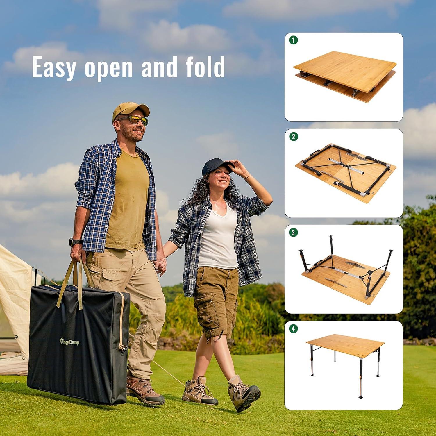 Mesa Plegable KingCamp de Bambú XL, Altura Ajustable