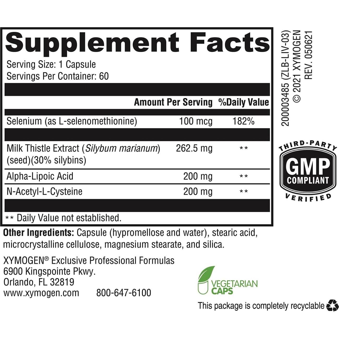 Suplemento Hepático Xymogen 60 Cápsulas - Cardo Mariano, NAC