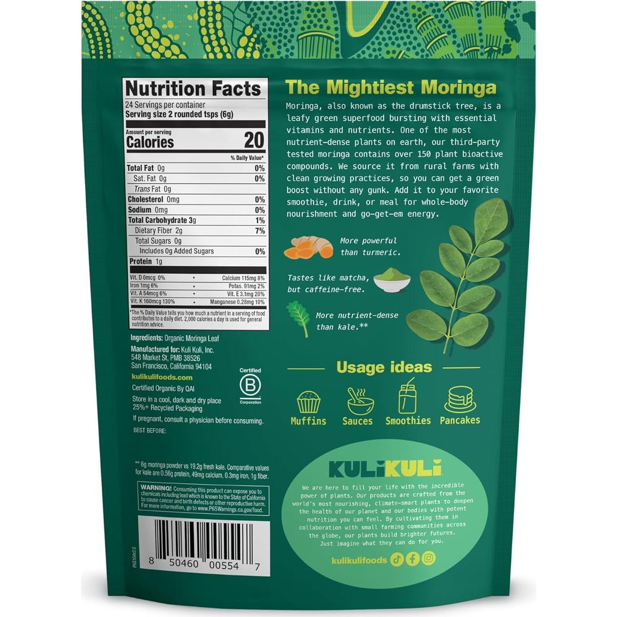 Polvo de Moringa Orgánico Kuli Kuli 142 g - Superalimento Nutritivo