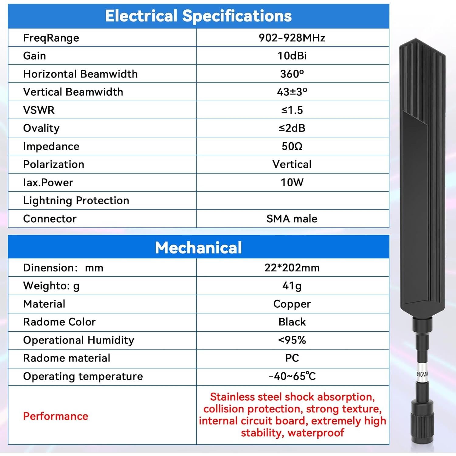 Antena LoRa Meshtastic 915MHz 10dBi Impermeable 20cm SMA Macho
