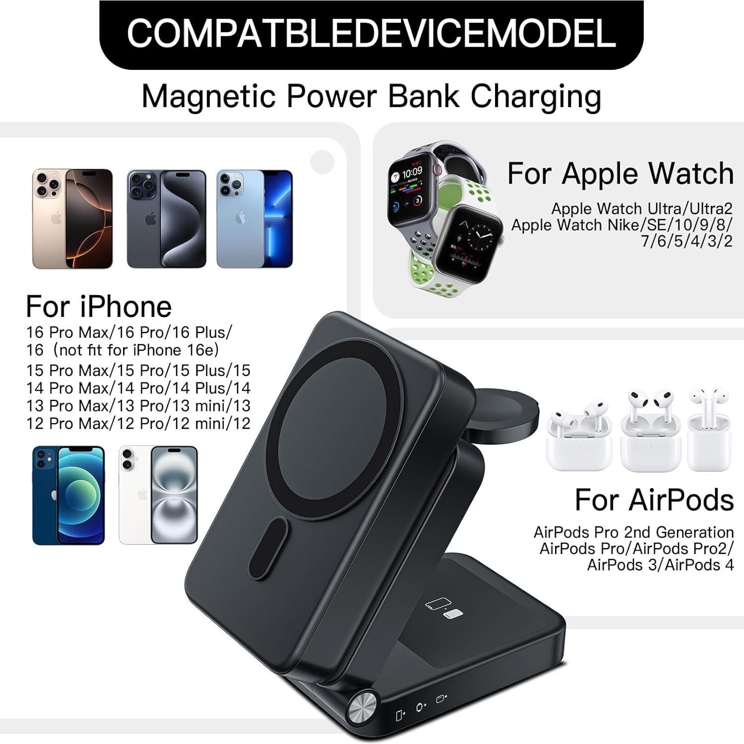 Estación de Carga Inalámbrica 3 en 1 HUOTO 10000mAh Negra