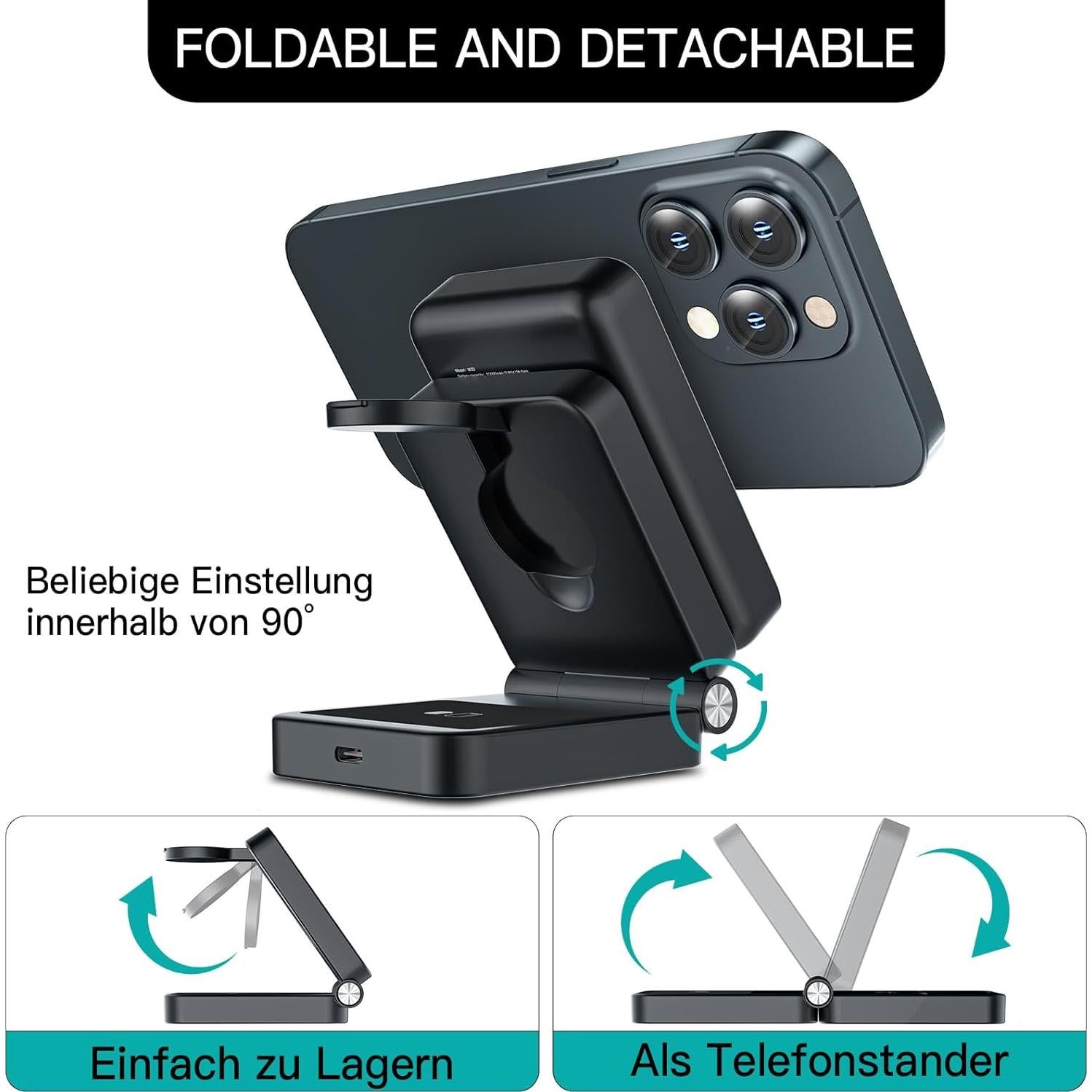 Estación de Carga Inalámbrica 3 en 1 HUOTO 10000mAh Negra