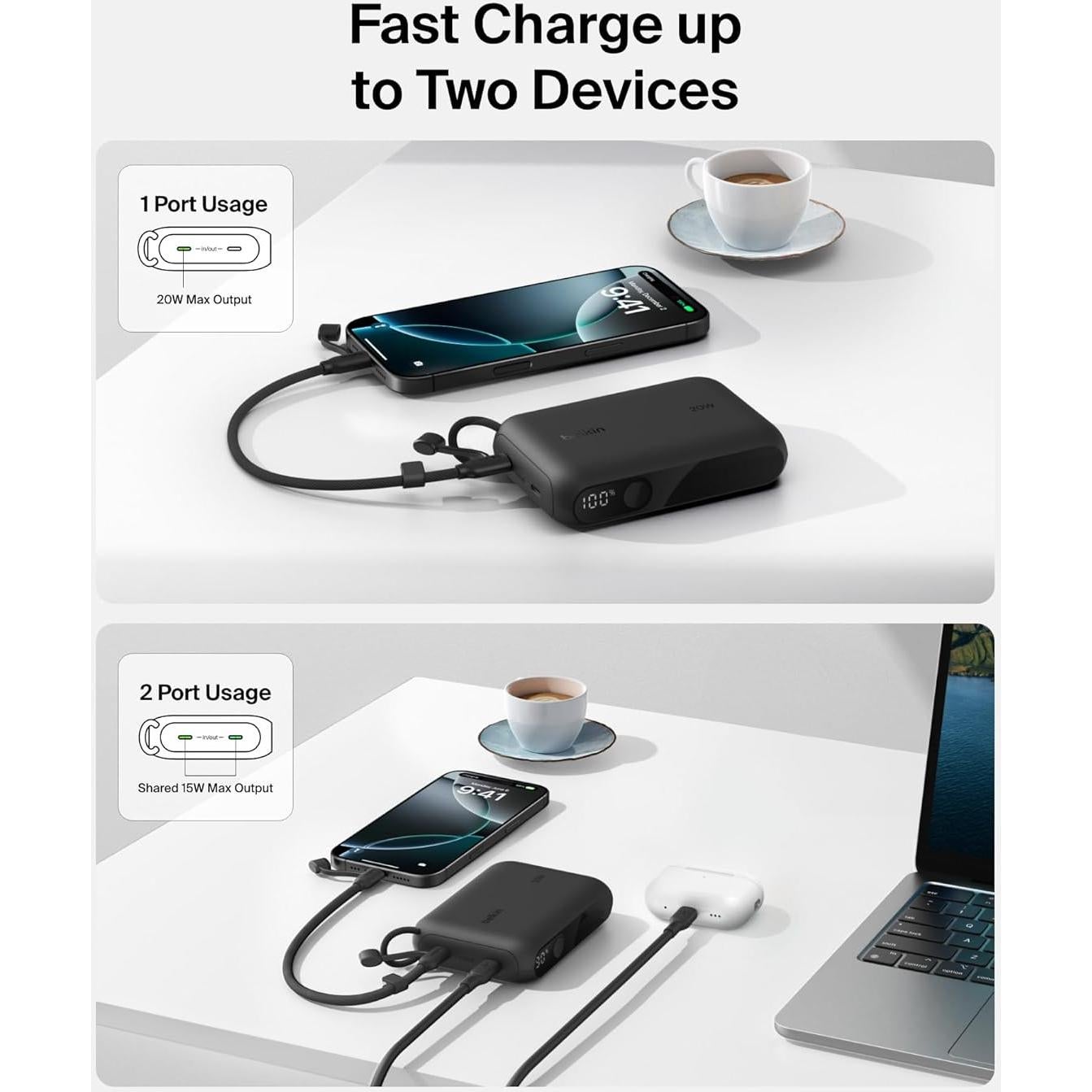 Belkin Portable Charger, Slim USB-C Power Bank 10,000mAh w/ 2 USB-C Ports, Digital Battery Display, 20W Charging Battery Pack - iPhone 17, Air, Pro, Samsung Galaxy S25, Pixel 10, iPad, & More - Black