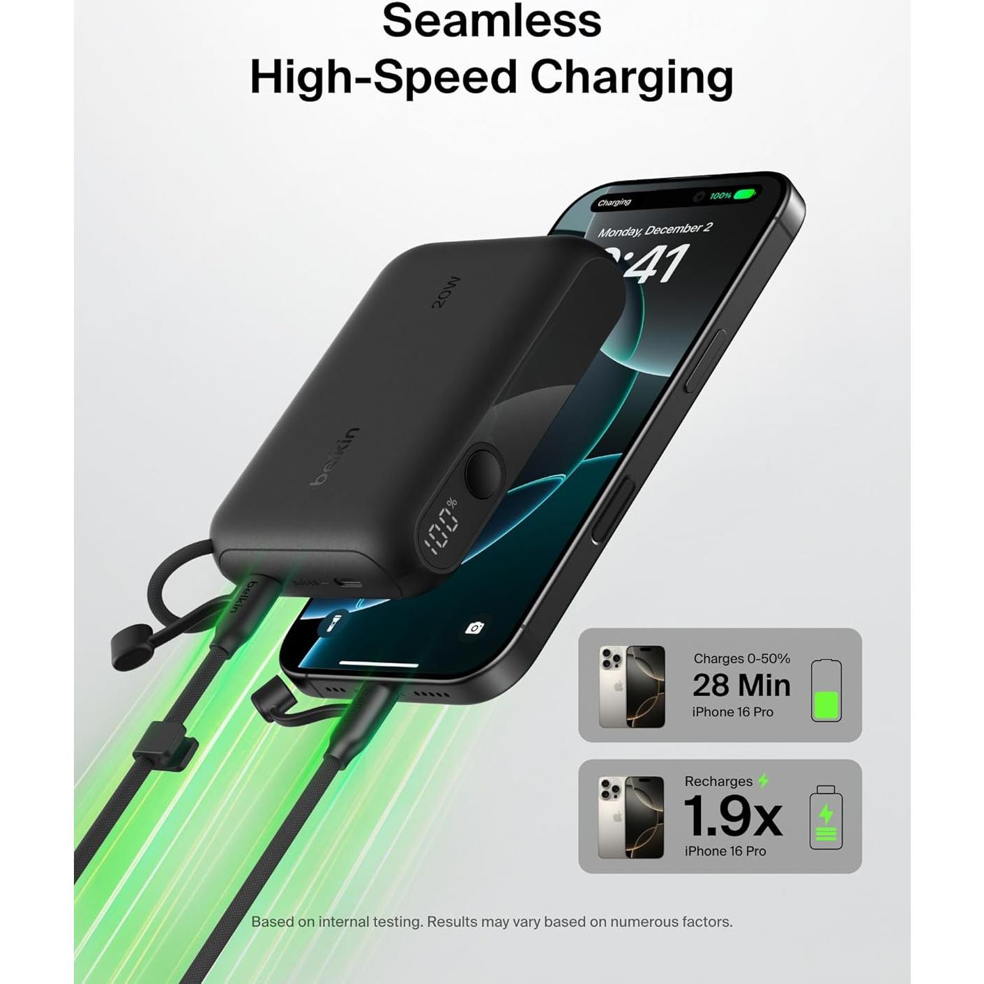 Belkin Portable Charger, Slim USB-C Power Bank 10,000mAh w/ 2 USB-C Ports, Digital Battery Display, 20W Charging Battery Pack - iPhone 17, Air, Pro, Samsung Galaxy S25, Pixel 10, iPad, & More - Black