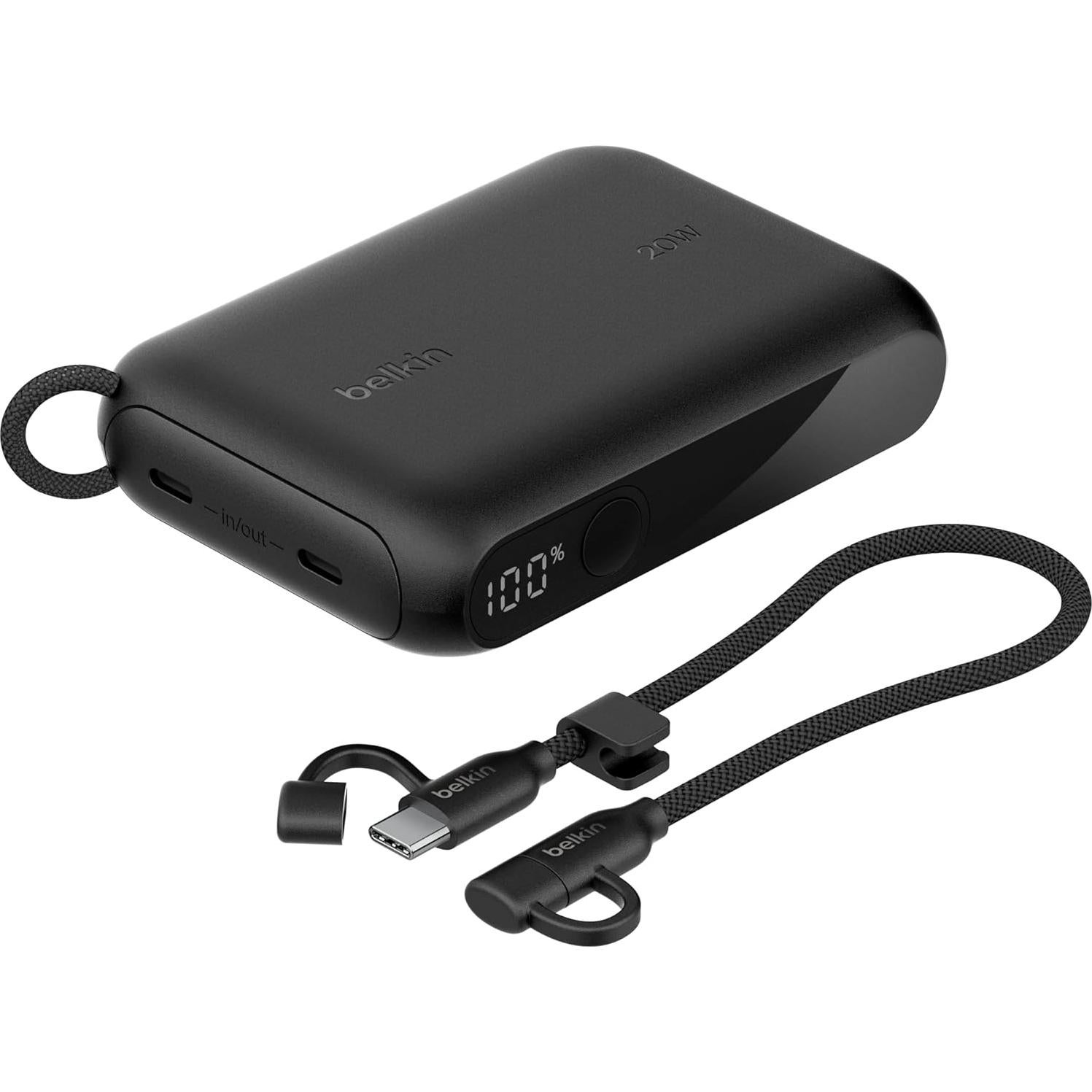 Belkin Portable Charger, Slim USB-C Power Bank 10,000mAh w/ 2 USB-C Ports, Digital Battery Display, 20W Charging Battery Pack - iPhone 17, Air, Pro, Samsung Galaxy S25, Pixel 10, iPad, & More - Black