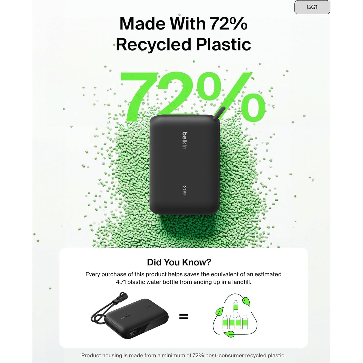 Belkin Portable Charger, Slim USB-C Power Bank 10,000mAh w/ 2 USB-C Ports, Digital Battery Display, 20W Charging Battery Pack - iPhone 17, Air, Pro, Samsung Galaxy S25, Pixel 10, iPad, & More - Black