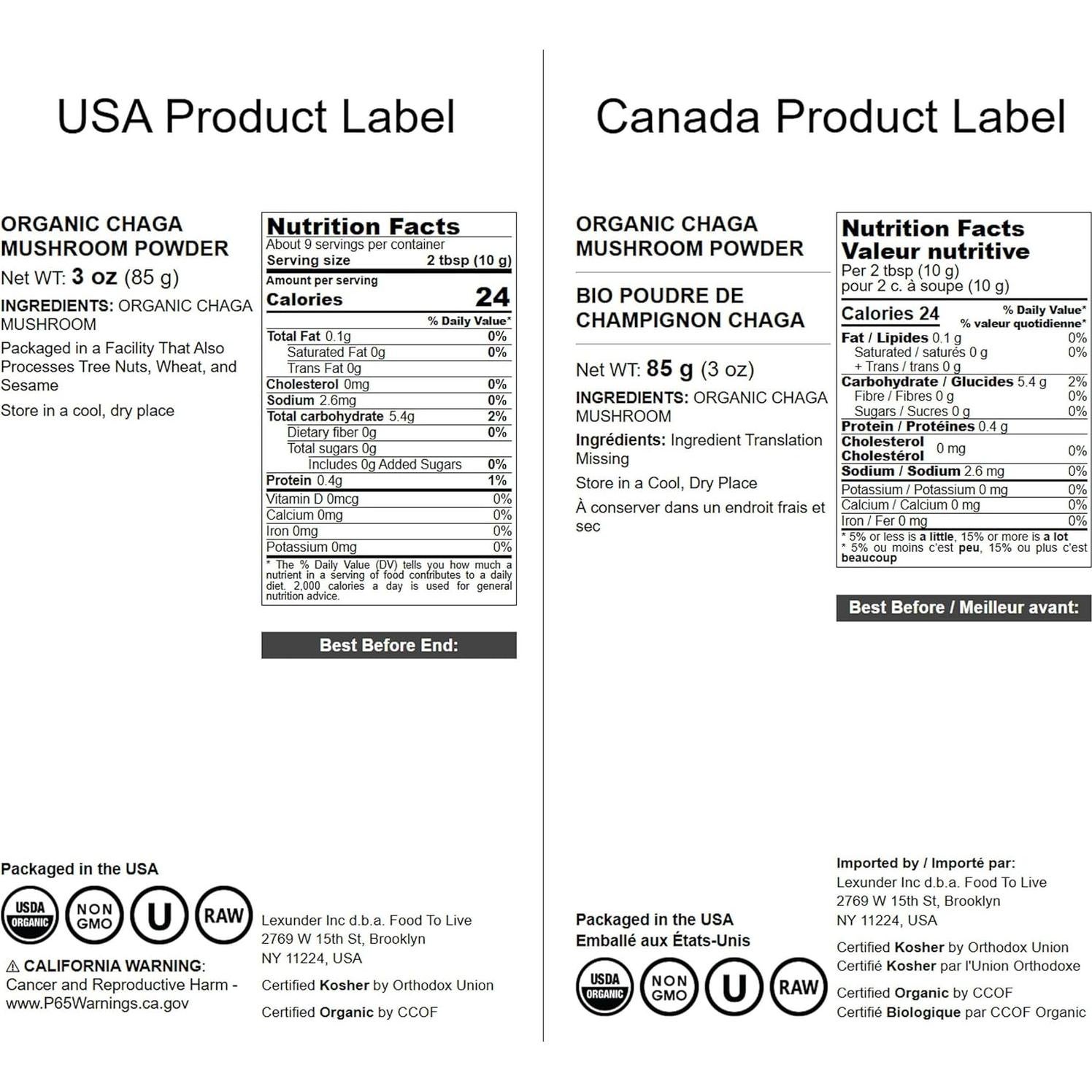 Polvo de Hongo Chaga Orgánico Food to Live 85g - Superalimento Vegano