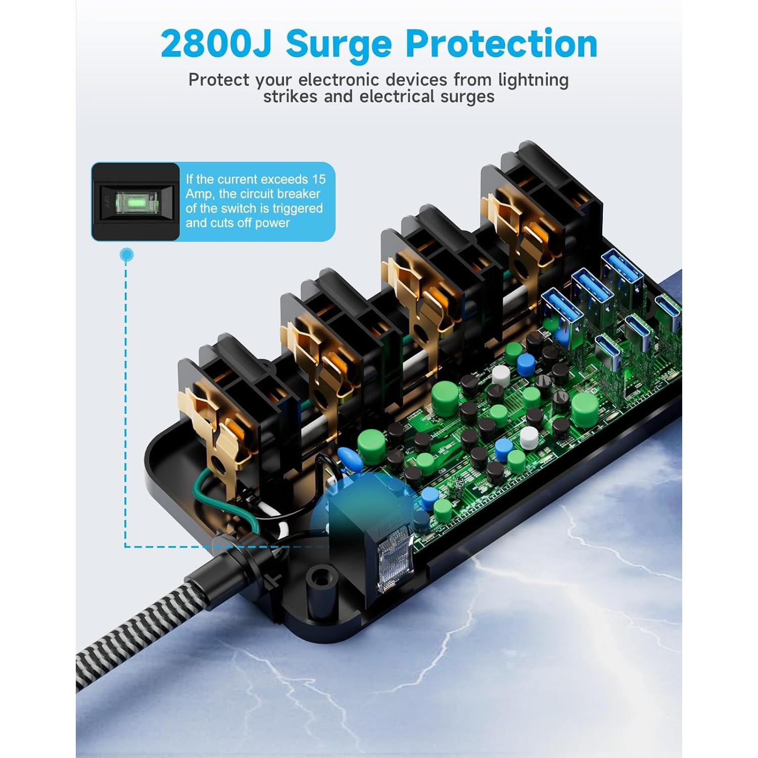 Regleta de Protección 2800J Waksmart, 8 Salidas AC y 6 USB 24W