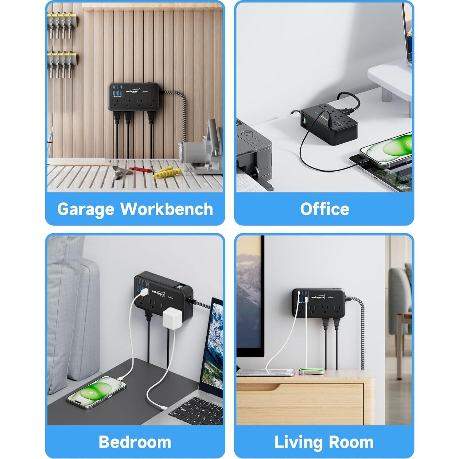 Regleta de Protección 2800J Waksmart, 8 Salidas AC y 6 USB 24W