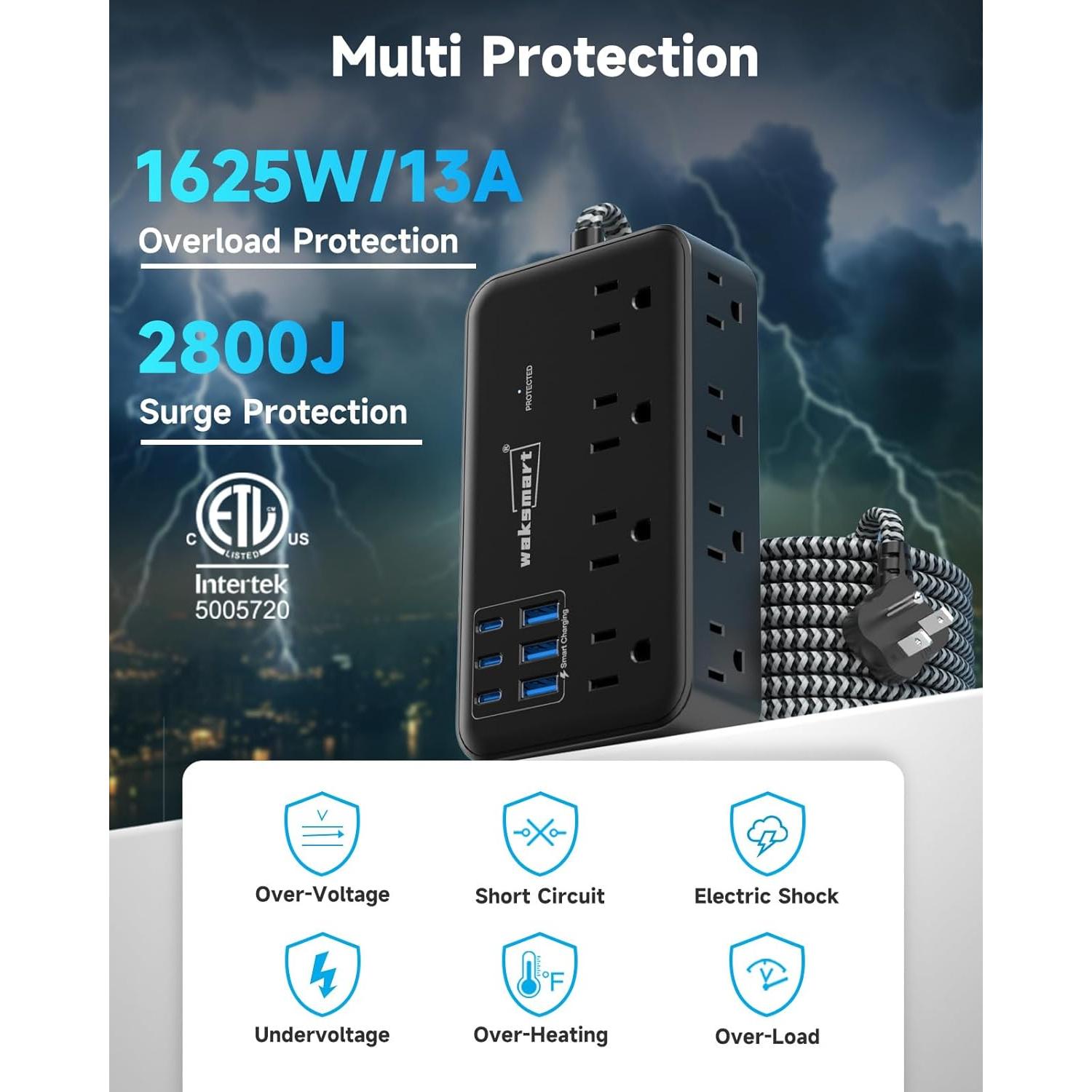 Regleta de Protección 2800J Waksmart, 8 Salidas AC y 6 USB 24W