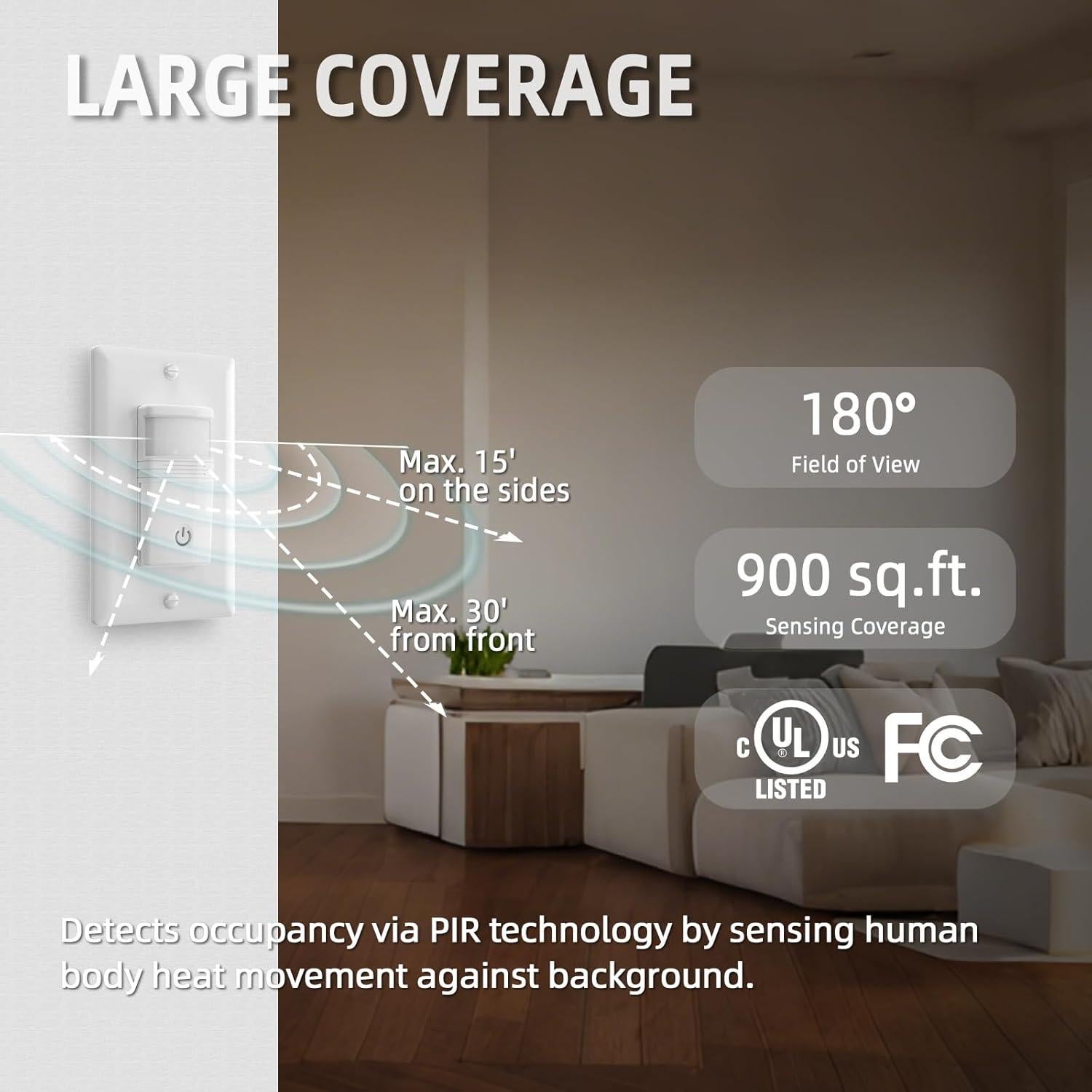 Interruptor de Luz ECOELER con Sensor de Movimiento PIR Blanco