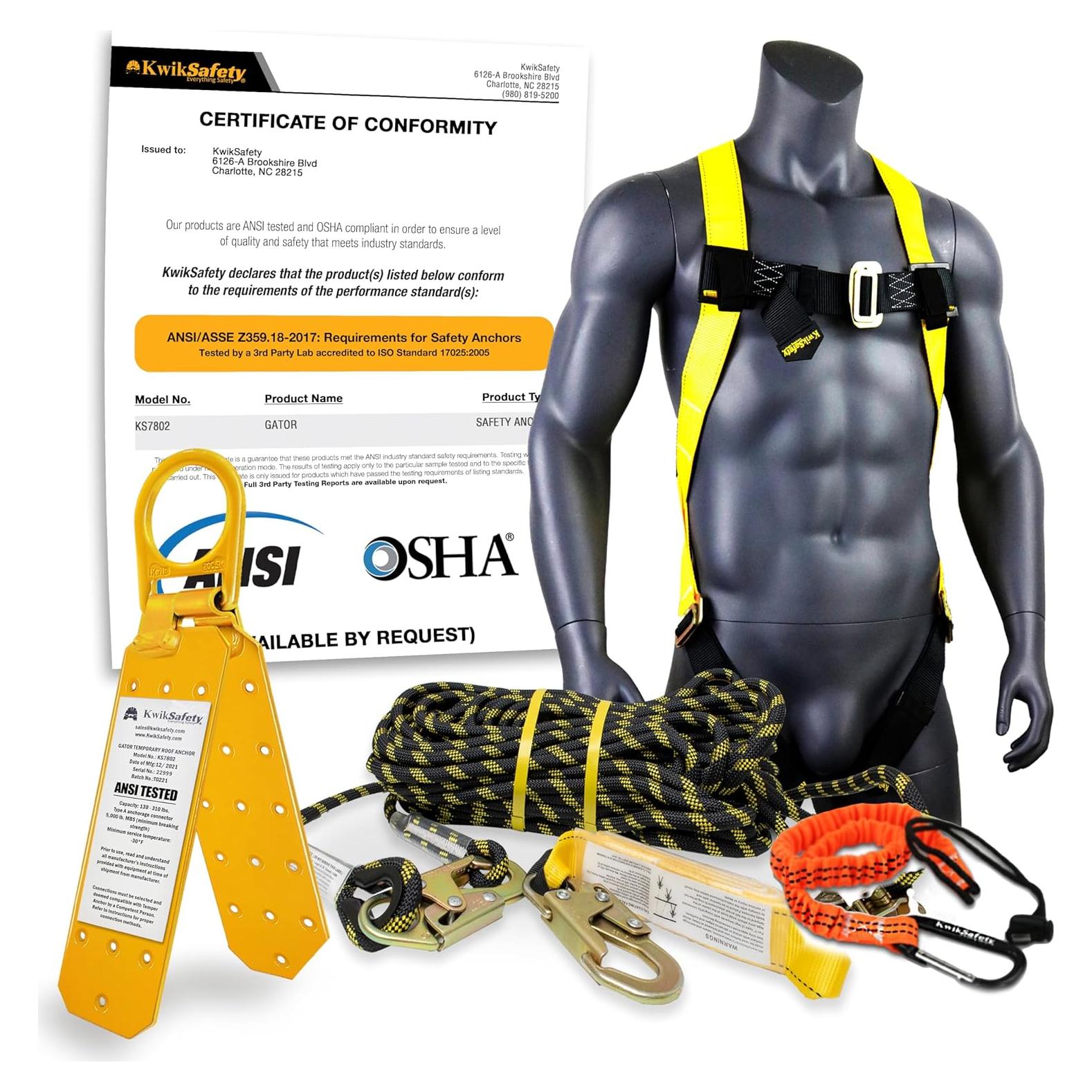 KwikSafety GATOR Kit Anclaje Techo + Arnés + Lanyard 6,36 kg