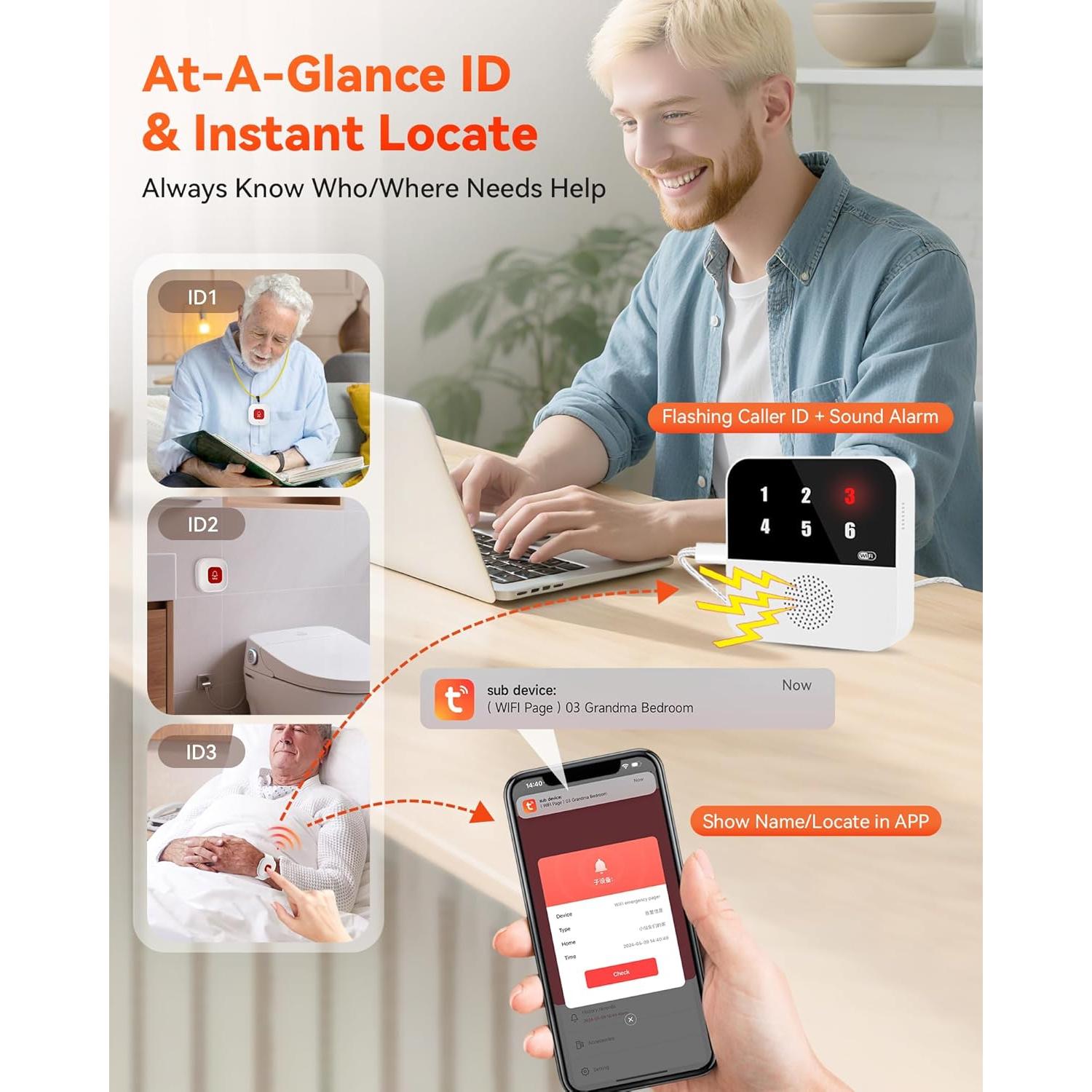 Sistema de Llamada Inteligente LORA CF106 - 1 Pulsera + 2 Botones