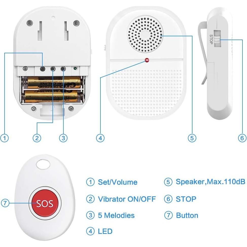 Sistema de Alerta Inalámbrico ChunHee para Cuidadores 1 Transmisor + 1 Receptor
