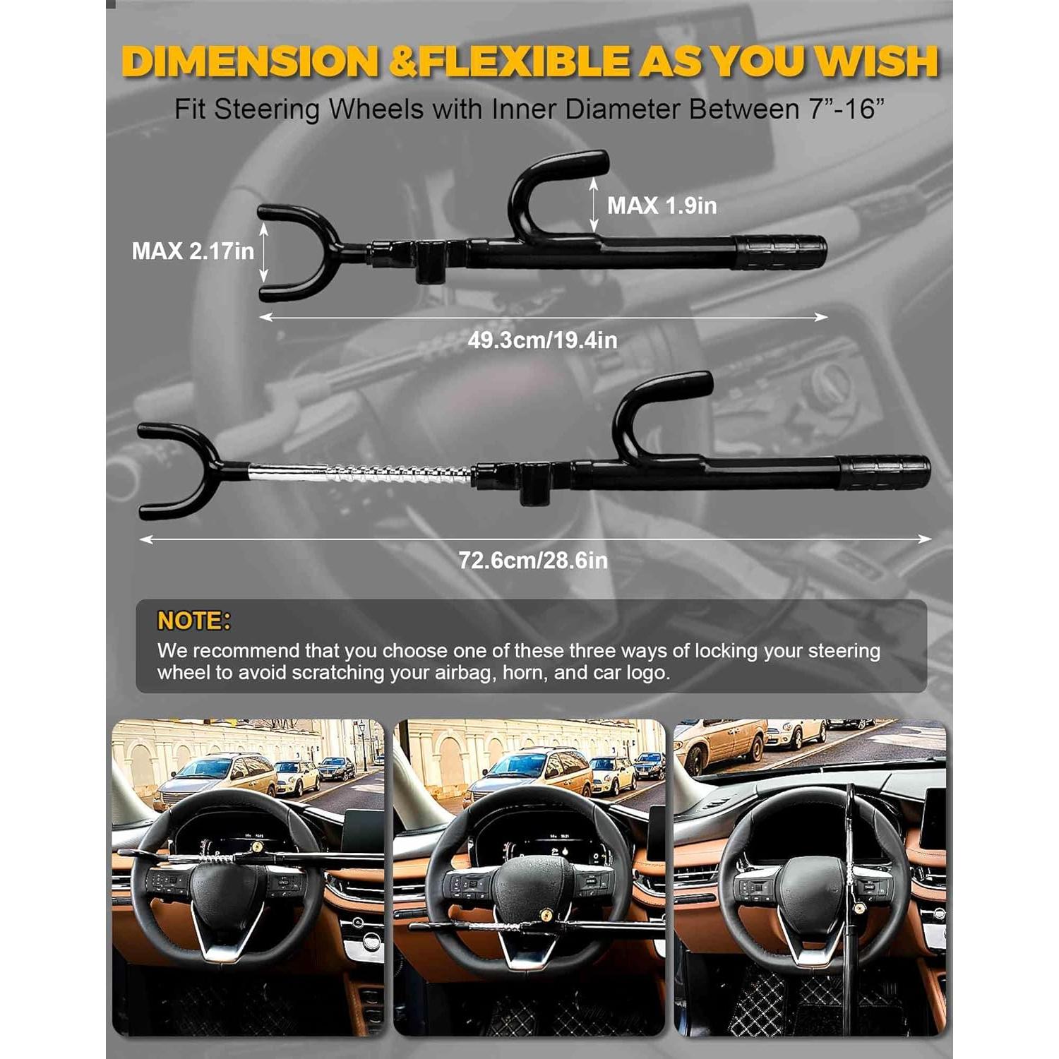 Cerradura Antirrobo para Volante Tevlaphee - Ajustable 17.78-40.64 cm