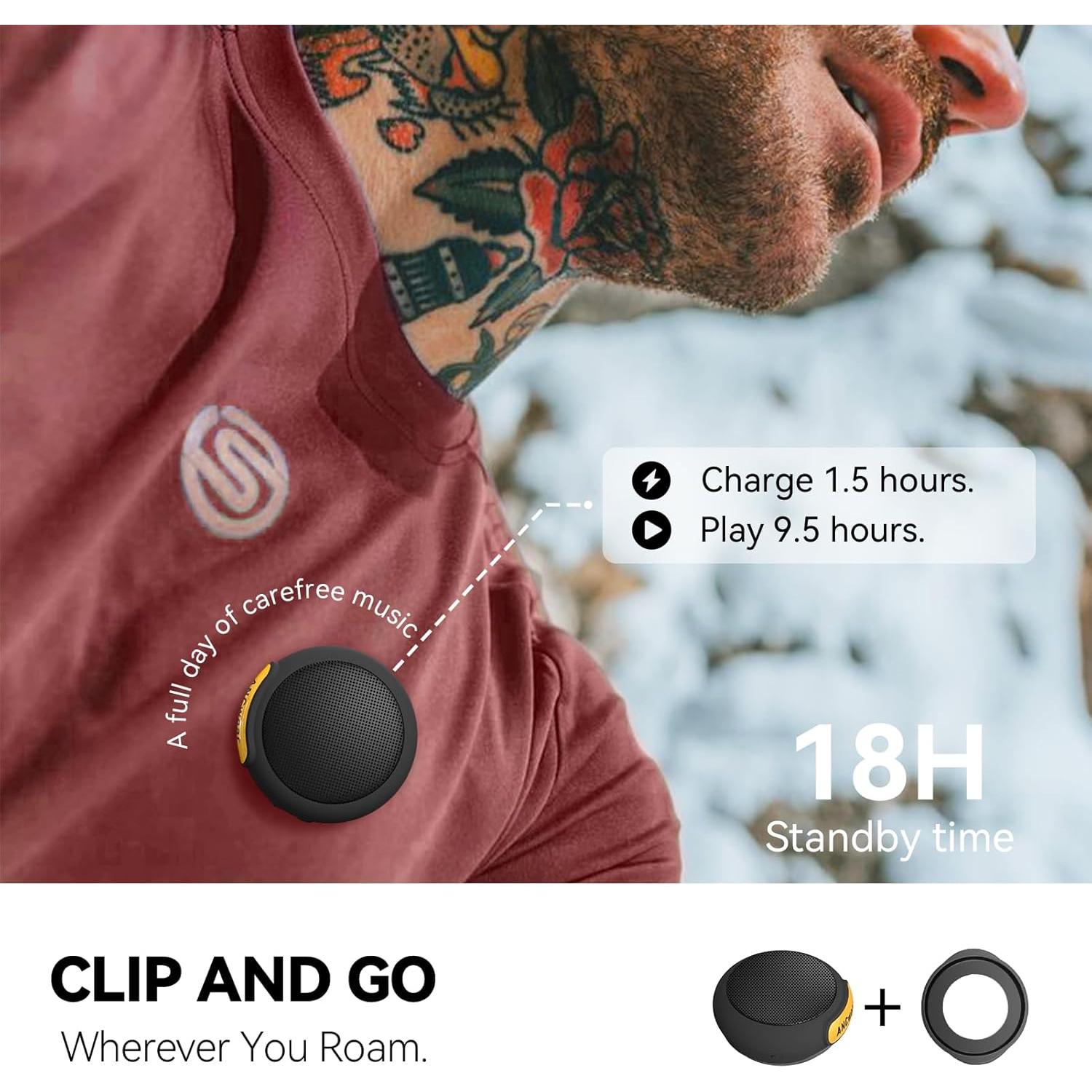 ANCwear Wearable Bluetooth Speakers Wireless Mini Speaker with Enhanced Bass, HD Sound, Portable Speaker with Microphone, 9.5H Playtime, IPX6 Waterproof for Sports, Outdoor Travel (Black)