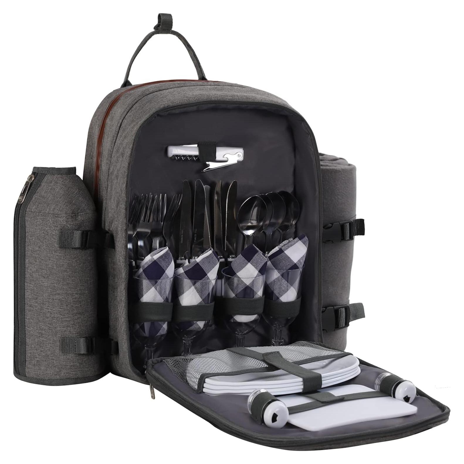 ALLCAMP OUTDOOR GEAR Picnic Backpack for 4 Person W/ Detachable Wine Holder, Insulated Food Compartment and Picnic Cutlery for Family Outdoor Camping and Gift (Grey)
