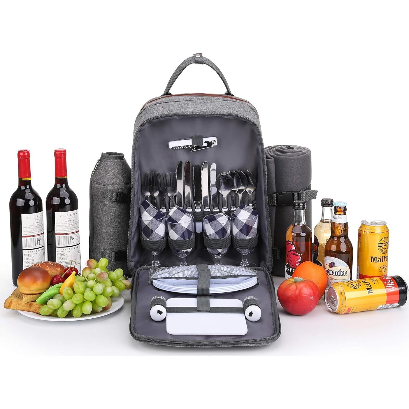 ALLCAMP OUTDOOR GEAR Picnic Backpack for 4 Person W/ Detachable Wine Holder, Insulated Food Compartment and Picnic Cutlery for Family Outdoor Camping and Gift (Grey)