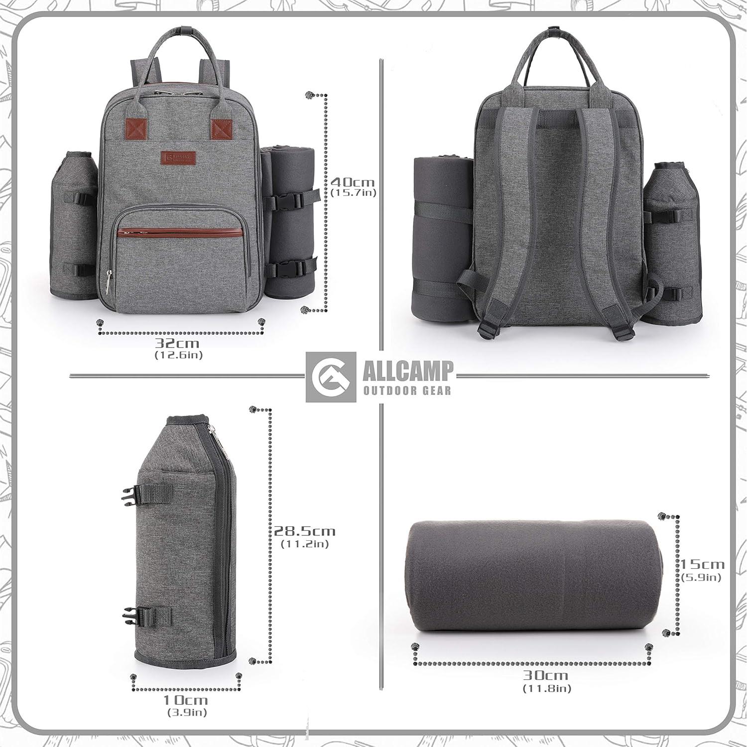 ALLCAMP OUTDOOR GEAR Picnic Backpack for 4 Person W/ Detachable Wine Holder, Insulated Food Compartment and Picnic Cutlery for Family Outdoor Camping and Gift (Grey)