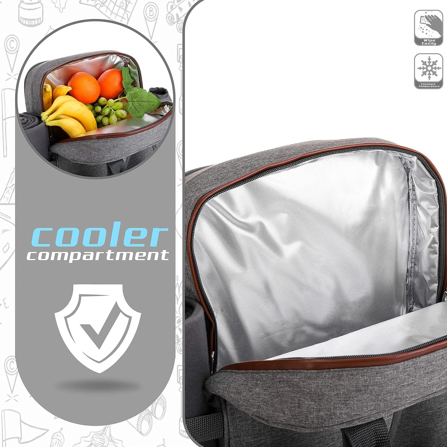 ALLCAMP OUTDOOR GEAR Picnic Backpack for 4 Person W/ Detachable Wine Holder, Insulated Food Compartment and Picnic Cutlery for Family Outdoor Camping and Gift (Grey)