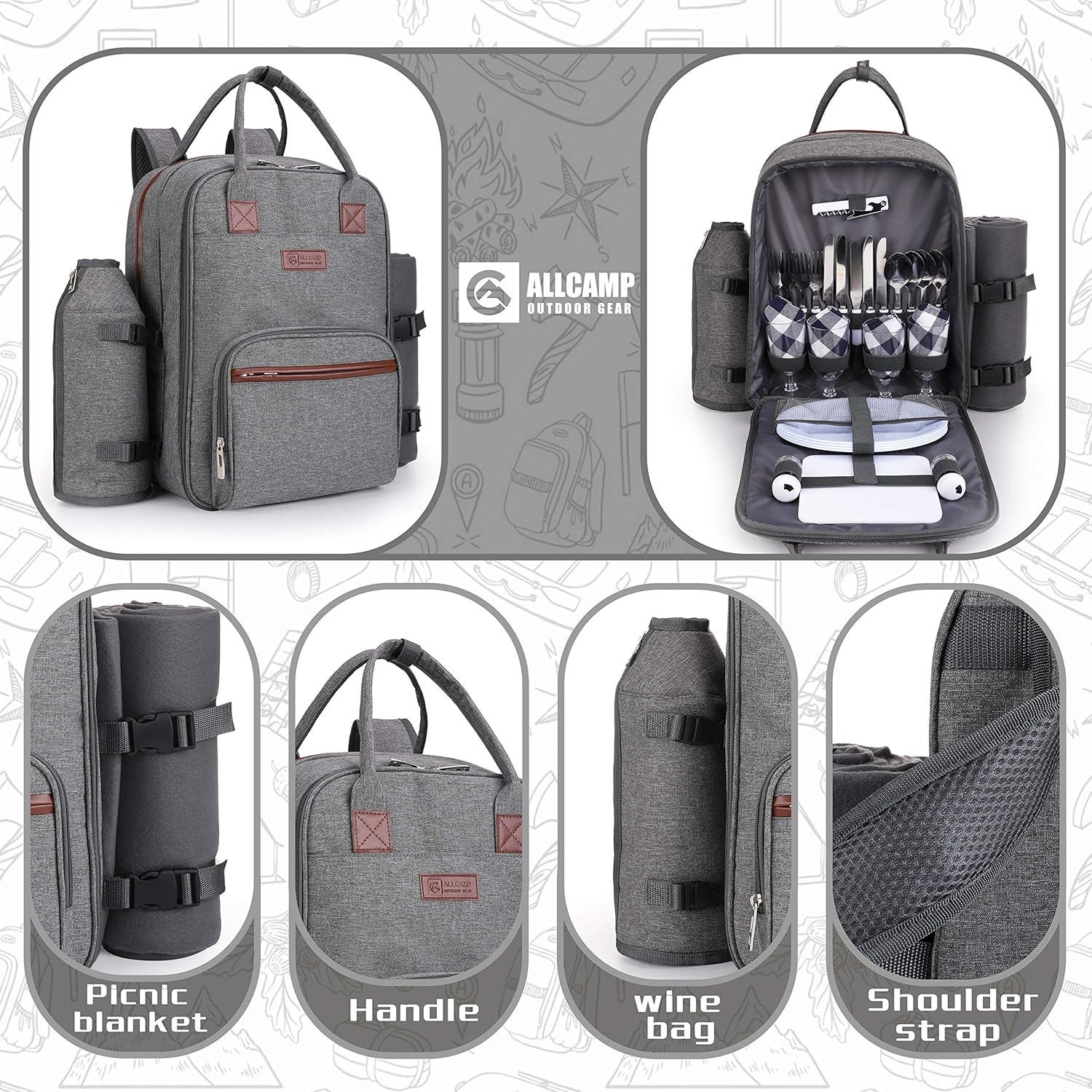 ALLCAMP OUTDOOR GEAR Picnic Backpack for 4 Person W/ Detachable Wine Holder, Insulated Food Compartment and Picnic Cutlery for Family Outdoor Camping and Gift (Grey)